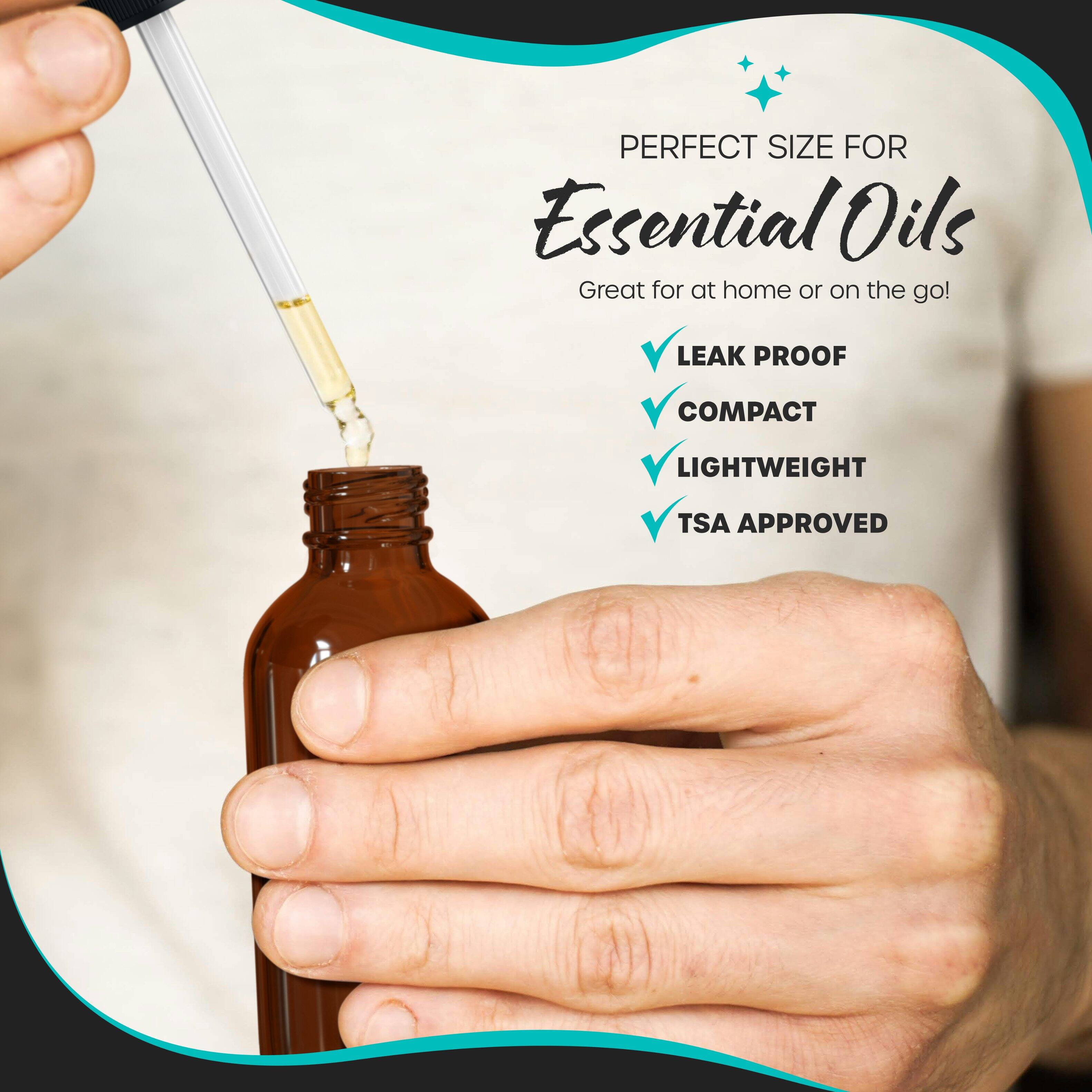 PERFECT SIZE FOR Essential Oils  
Great for at home or on the go!  

- LEAK PROOF  
- COMPACT  
- LIGHTWEIGHT  
- TSA APPROVED