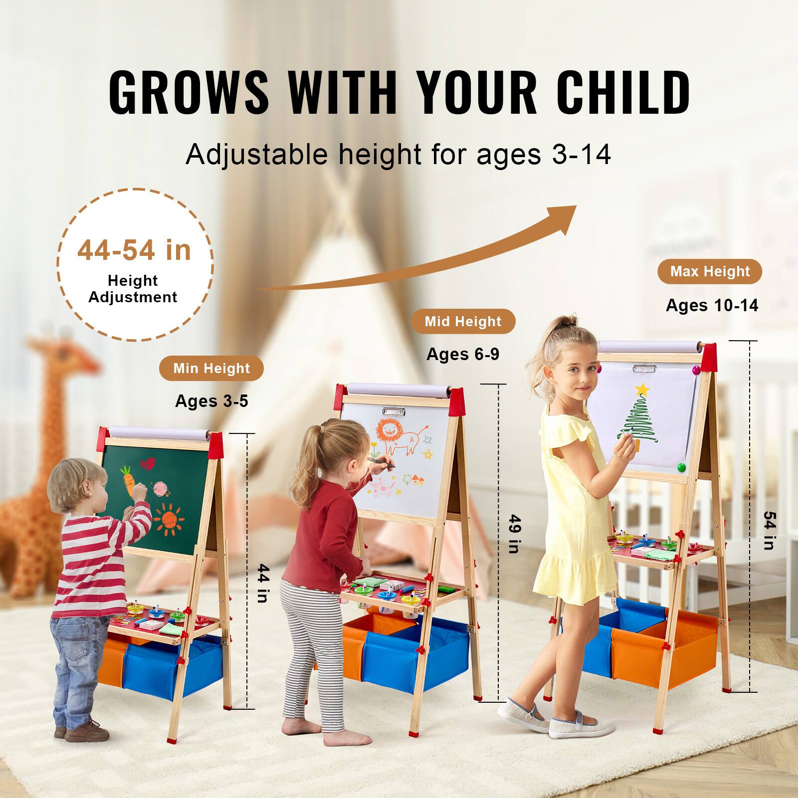GROWS WITH YOUR CHILD  
Adjustable height for ages 3-14  

44-54 in  
Height Adjustment  

Min Height  
Ages 3-5  
44 in  

Mid Height  
Ages 6-9  
49 in  

Max Height  
Ages 10-14  
54 in