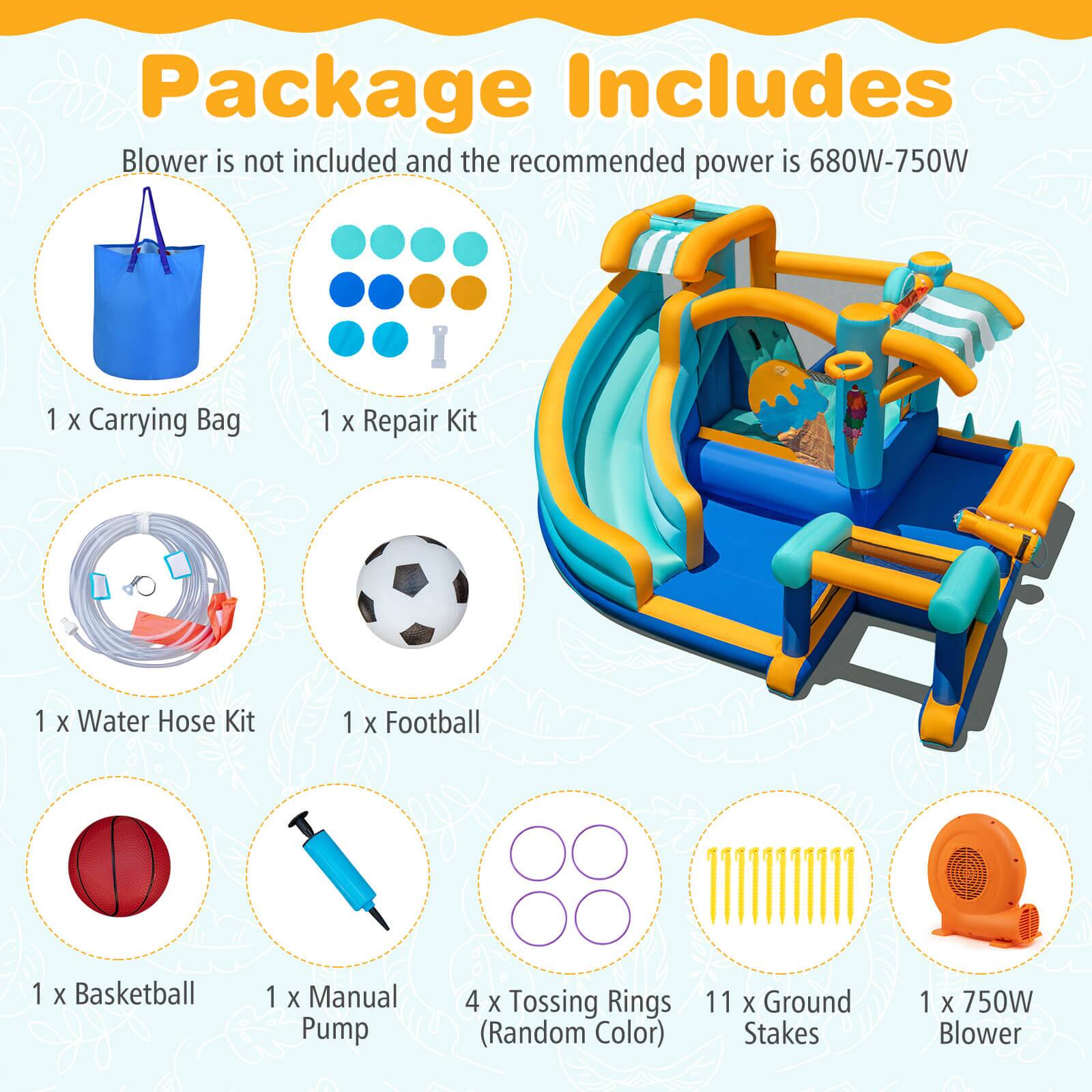 Package Includes

Blower is not included and the recommended power is 680W-750W

- 1 x Carrying Bag
- 1 x Repair Kit
- 1 x Water Hose Kit
- 1 x Football
- 1 x Basketball
- 1 x Manual Pump
- 4 x Tossing Rings (Random Color)
- 11 x Ground Stakes
- 1 x 750W Blower