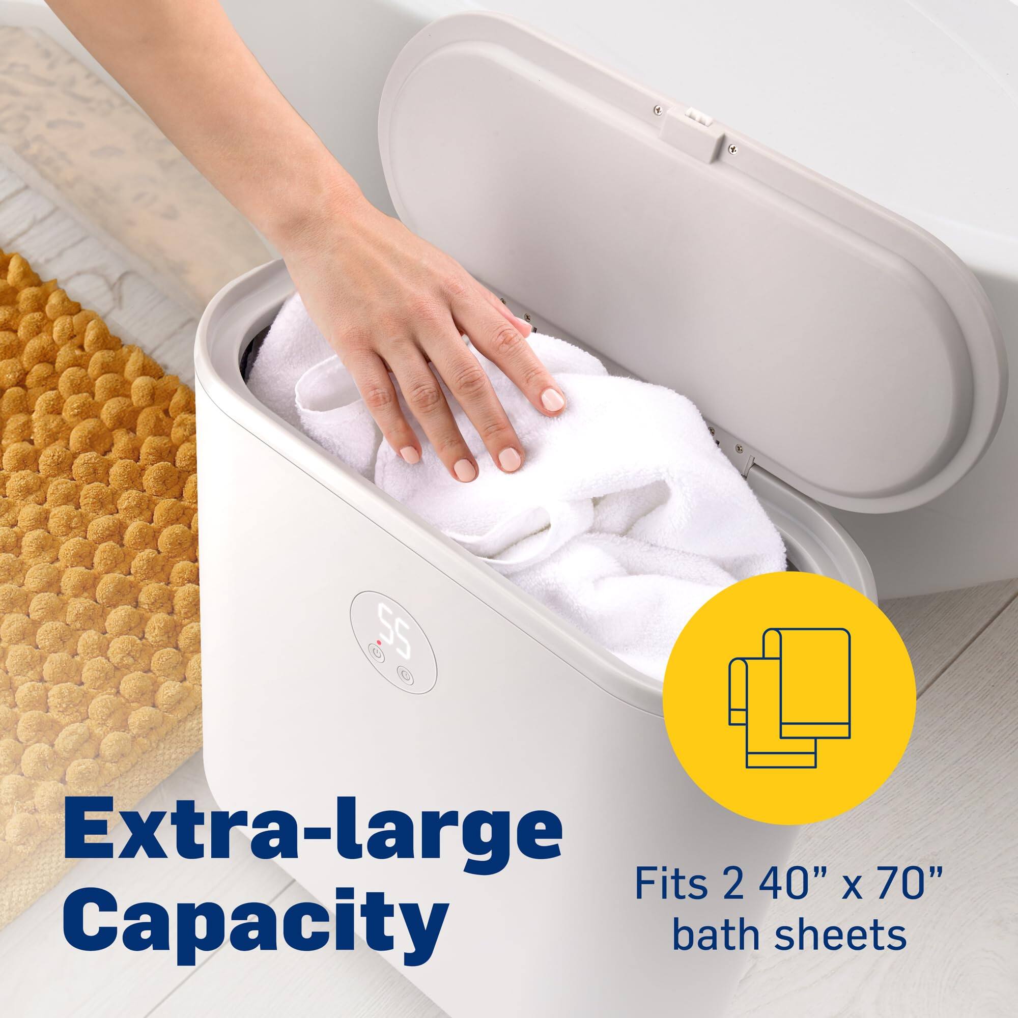 55°C Extra-large Capacity Fits 2 40" x 70" bath sheets