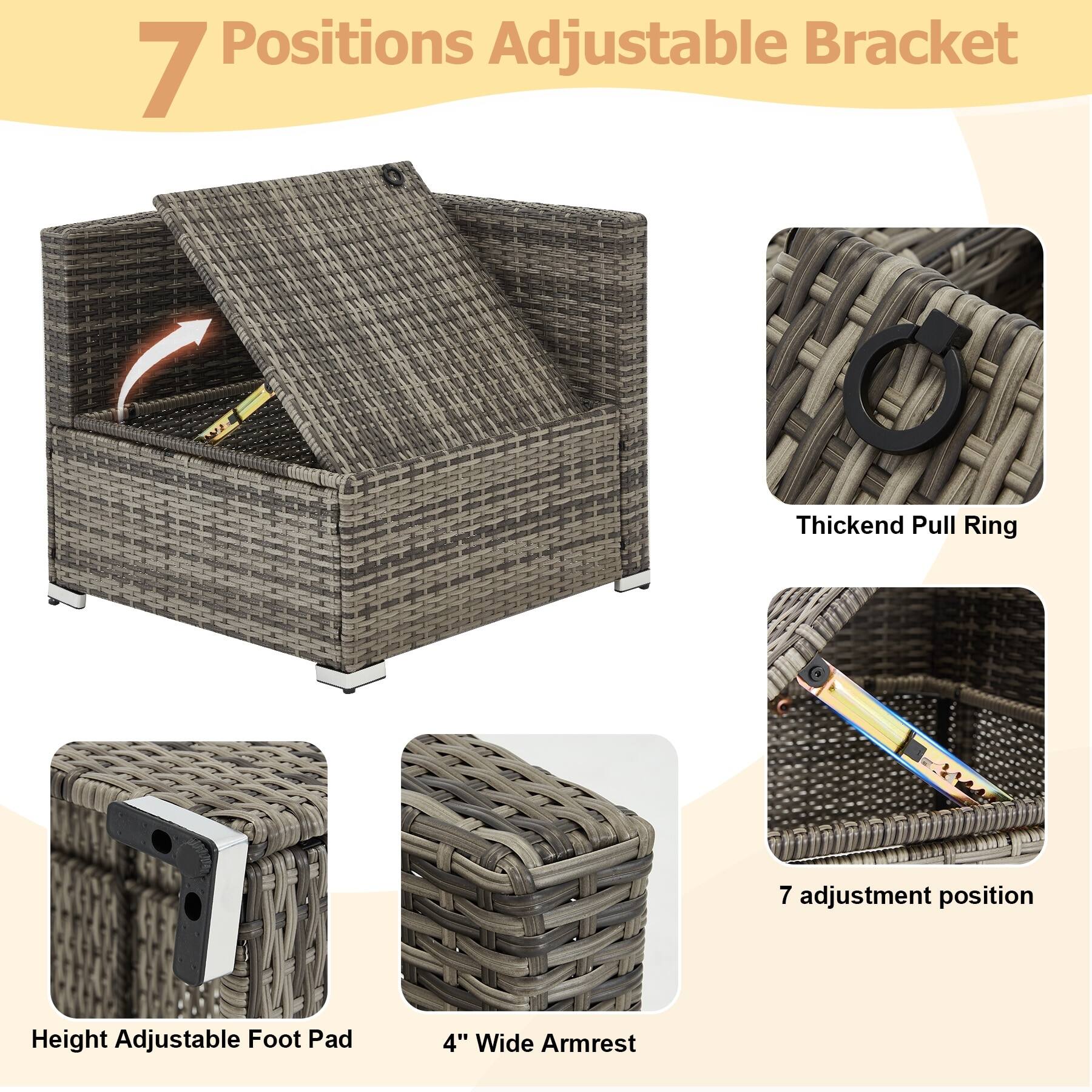 7 Positions Adjustable Bracket  
Thickened Pull Ring  
Height Adjustable Foot Pad  
4" Wide Armrest  
7 adjustment position