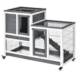 Pawhut - Wooden Rabbit Hutch, Indoor, Enclosed Run with Wheels, Ramp, Removable Tray Ideal for Guinea Pigs