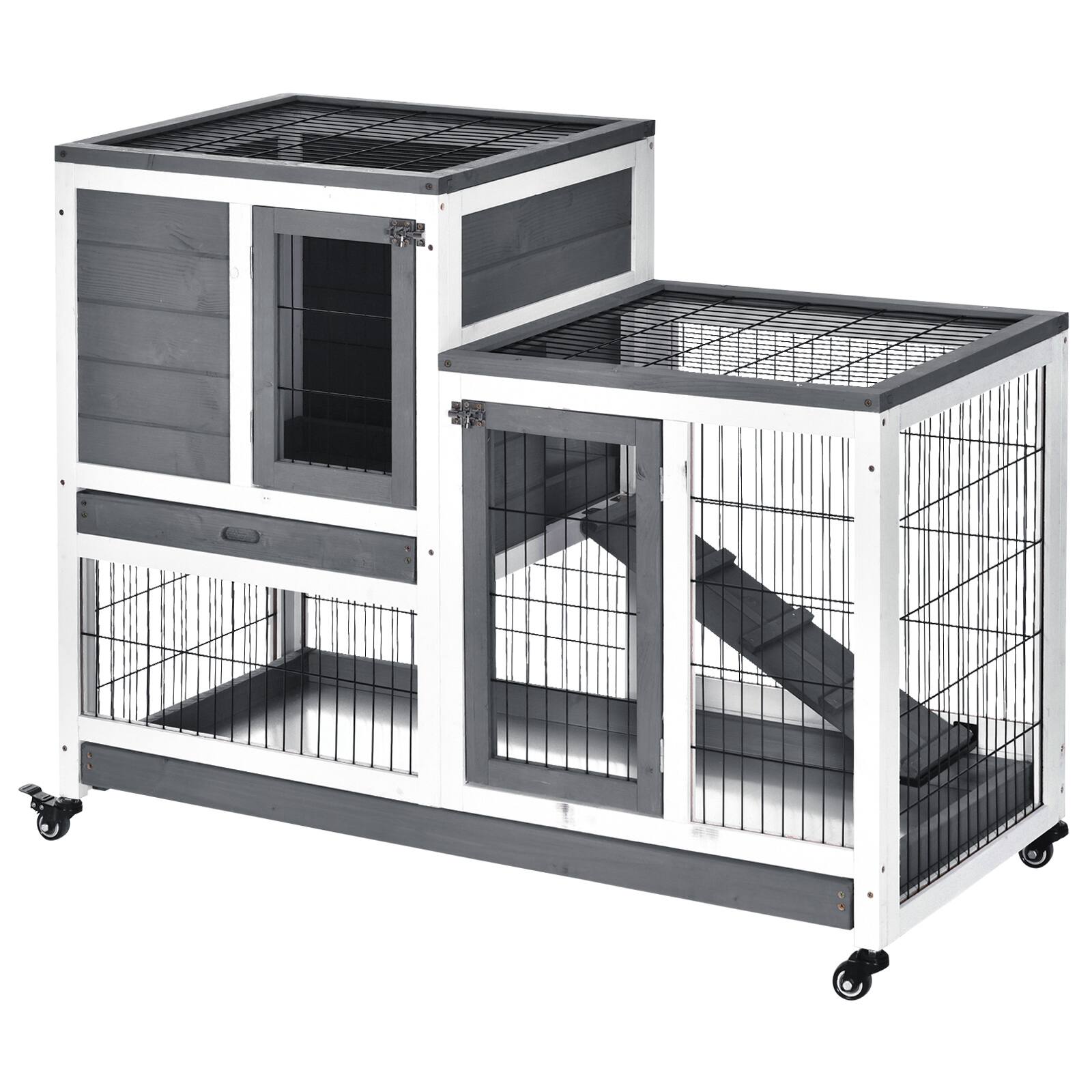 Pawhut - Wooden Rabbit Hutch, Indoor, Enclosed Run with Wheels, Ramp, Removable Tray Ideal for Guinea Pigs