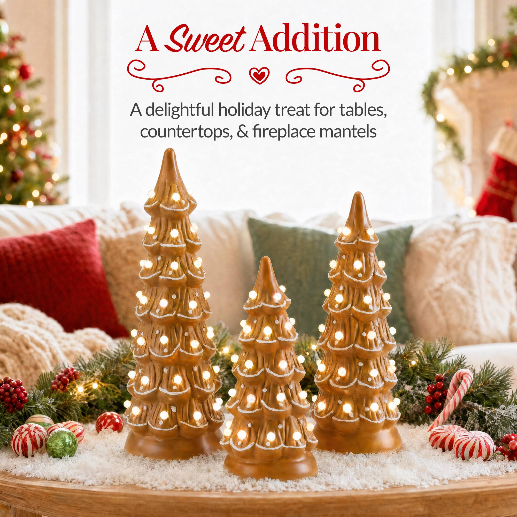 A Sweet Addition  
A delightful holiday treat for tables, countertops, & fireplace mantels