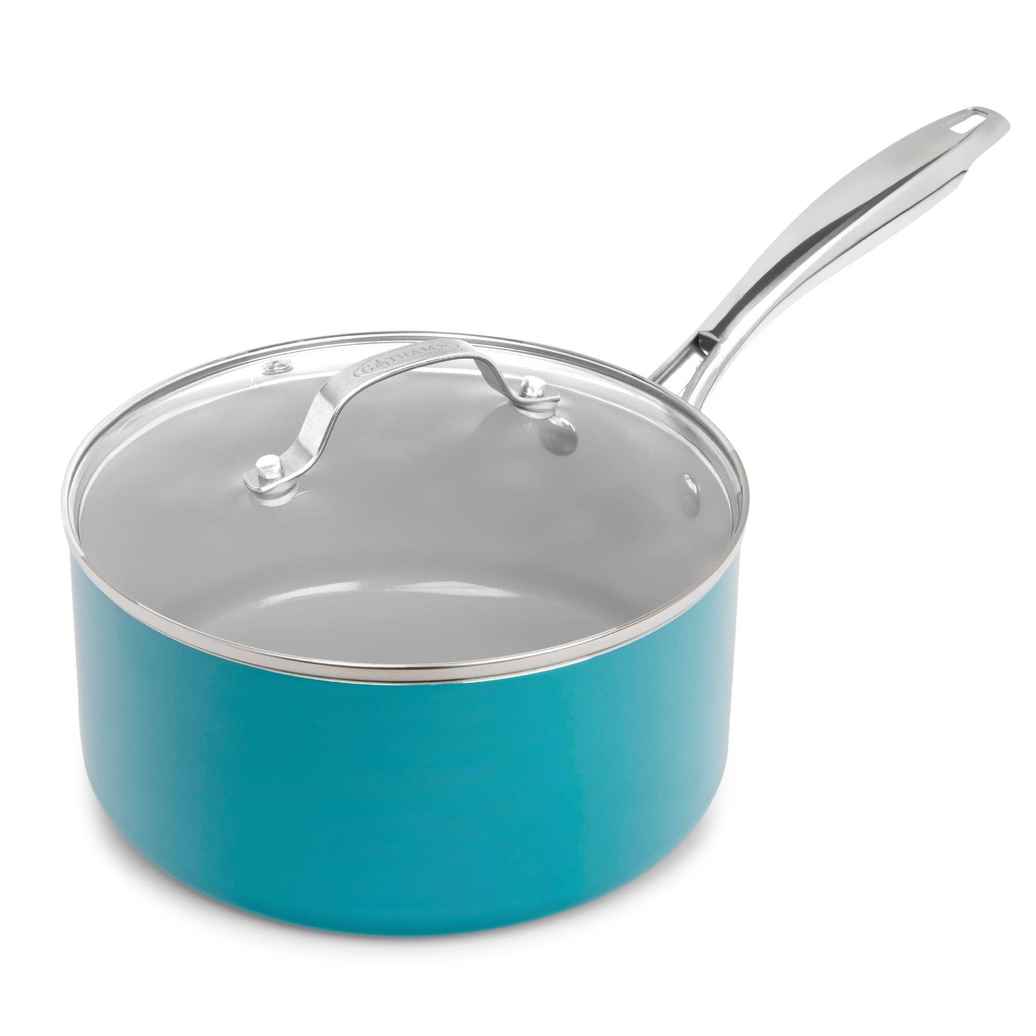 Front. Gotham Steel - Gotham Steel Aqua Blue 3 QT Nonstick Sauce Pan with Glass Lid - Blue.
