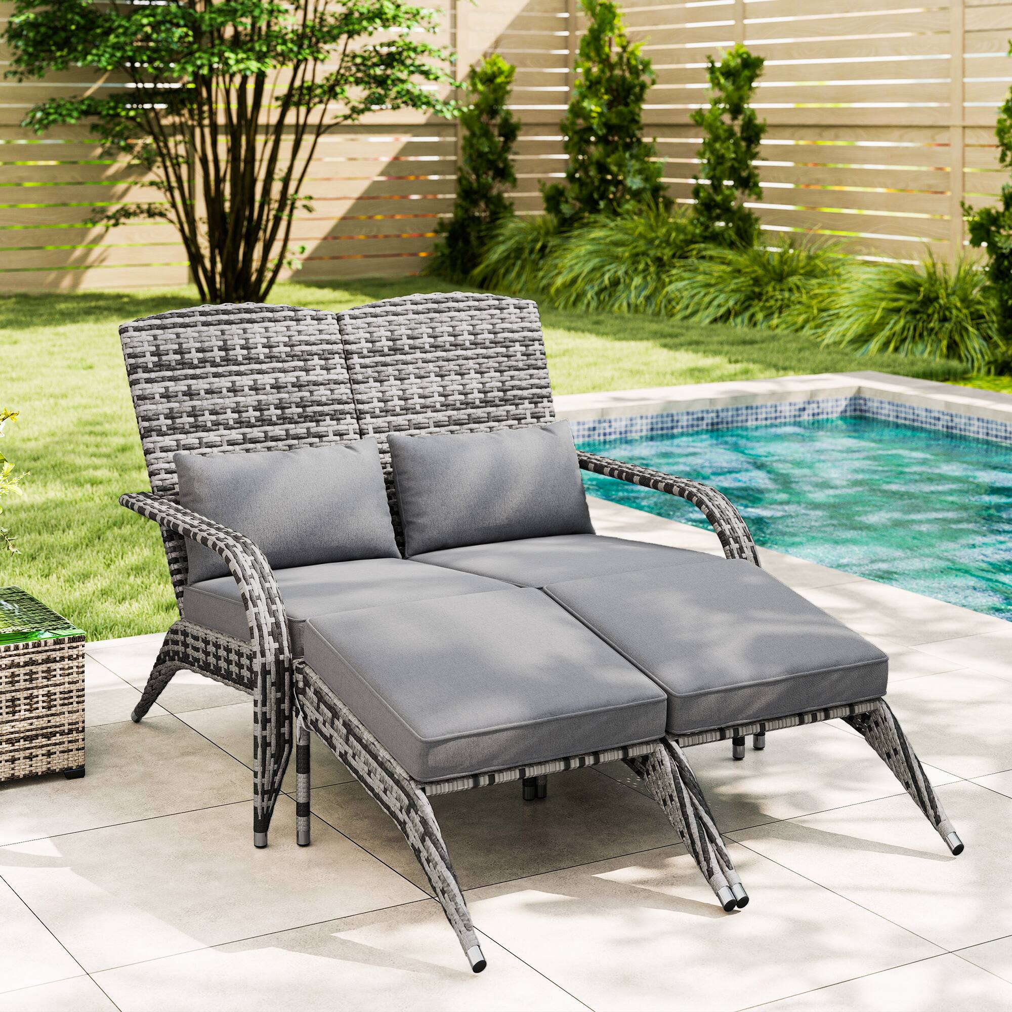 Alt View 1. Outsunny - Wicker Adirondack Chair for 2 with Cushions & Footrests, PE Rattan Double Chaise Lounge Chair - Gray.