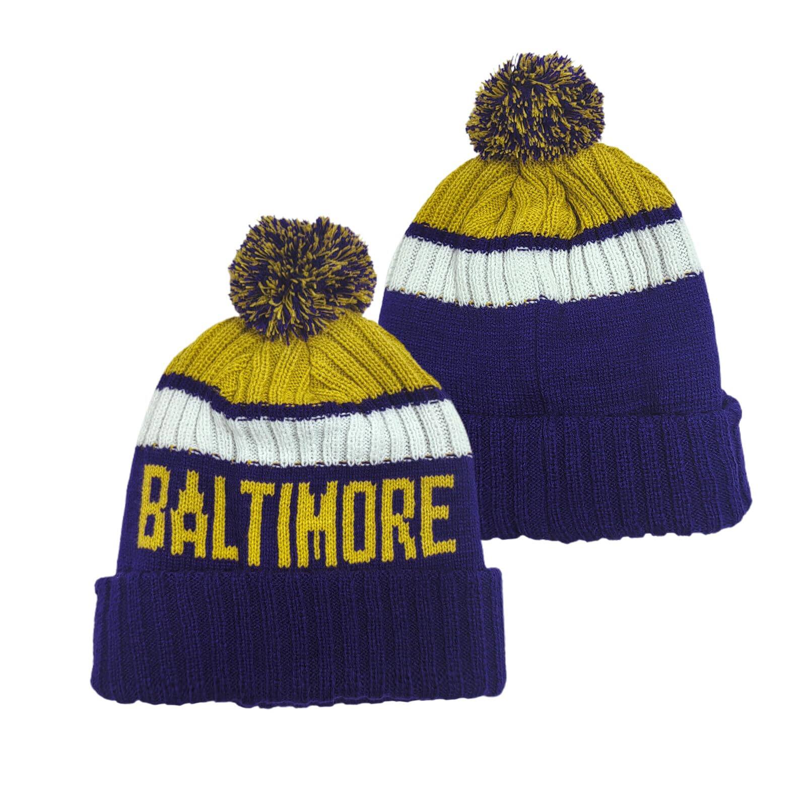 Front. Stylel Star - Football City Beanie 2025 Fashion Knit Pom-pom Hat Soft Headwear Cuffed Winter Sport Fans Gift For Men Women - Baltimore.