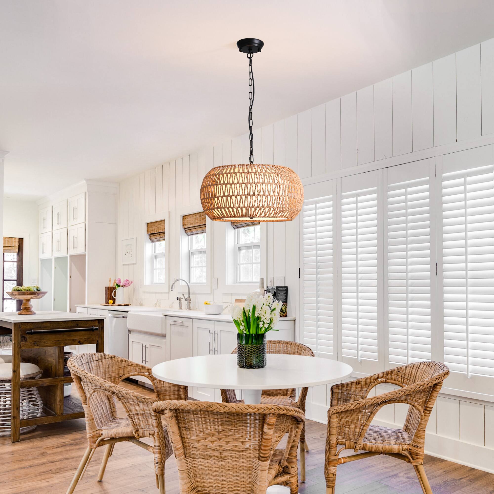 Back. Siljoy - 19 in. 5-Light Black Bohemian Chandelier Hand Woven Rattan Boho Pendant Light Fixture for Dining Room Bedroom Entryway - Black.