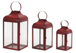 BreeBe - Modern Red Metal Lantern (Set of 3) - Red, Clear