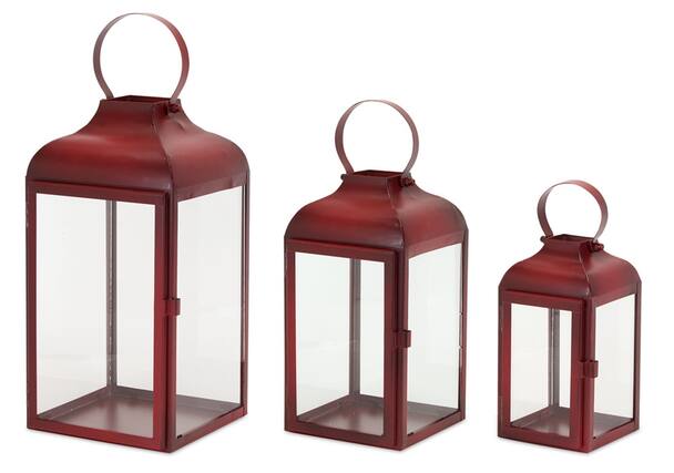 Front. BreeBe - Modern Red Metal Lantern (Set of 3) - Red, Clear.