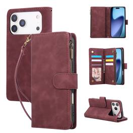 Dteck - Case For Apple iPhone 18 Pro Max PU Leather Magnetic Closure Handbag Stand Zipper Card Slots Wallet Cover With Strap - Winered