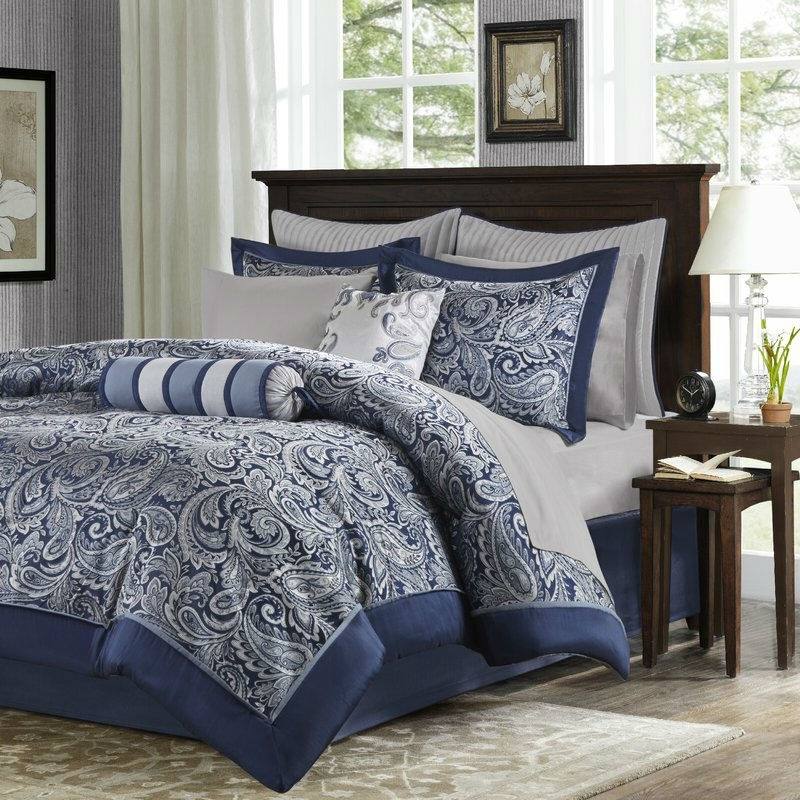 Angle. Hivvago - California King 12-piece Reversible Microfiber Comforter Set Navy Blue White - Navy Blue, White.