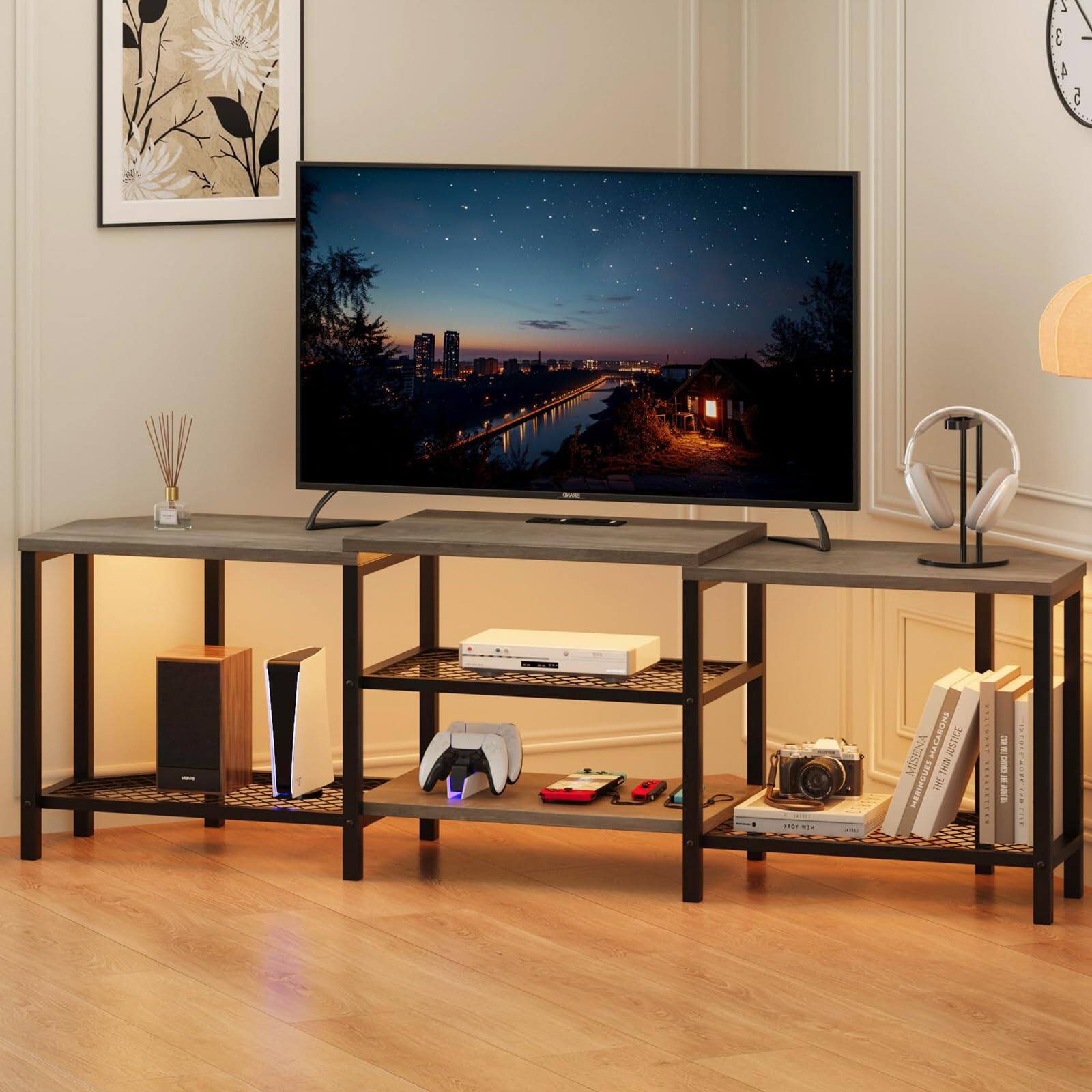 Acekool - LED TV Stand for TVs Up to 75 Inch, 67 Inch Large Entertainment Center with Power Outlets, 3-Tier Open Storage Shelves - Gray