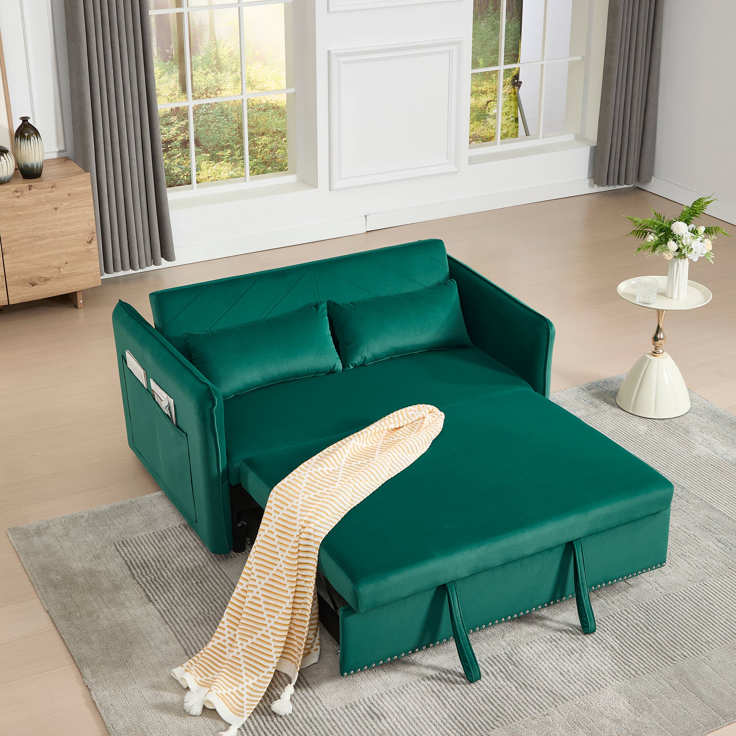 Back. Tiramisubest - 3 in 1 Convertible Sleeper Futon Sofa Bed,55" Velvet Loveseat with 2 Pillows,Reclining Backrest & Side Pockets,Green - Green.
