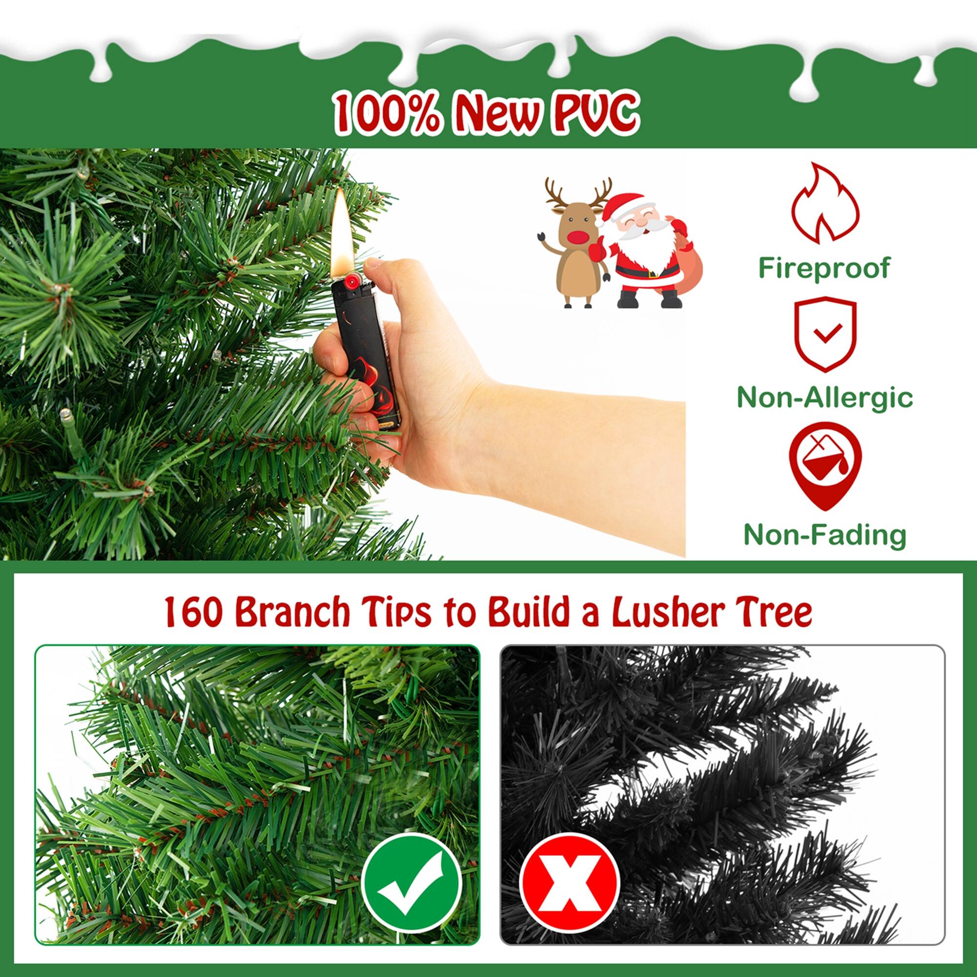 100% New PVC

Fireproof  
Non-Allergic  
Non-Fading

160 Branch Tips to Build a Lusher Tree