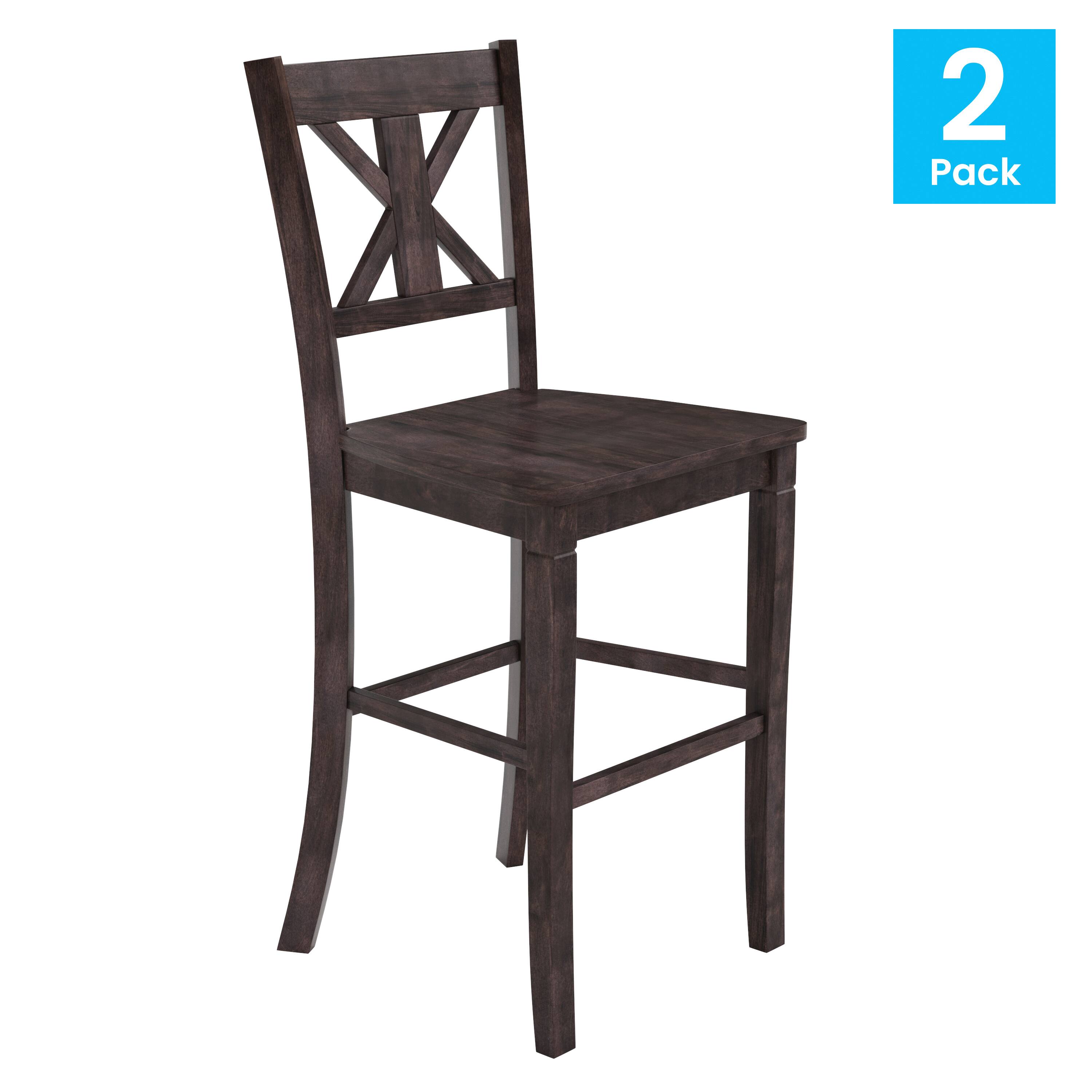 Alt View 2. Emma + Oliver - Lara Set of 2 Wooden Modern Farmhouse Bar Height Dining Stool with Decorative Carved Backrest and Wood Seat - Gray Wash Walnut.