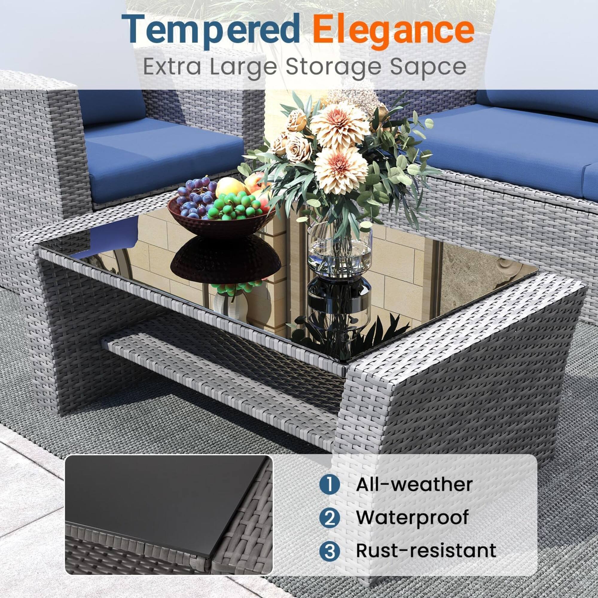 Tempered Elegance  
Extra Large Storage Space  

1. All-weather  
2. Waterproof  
3. Rust-resistant
