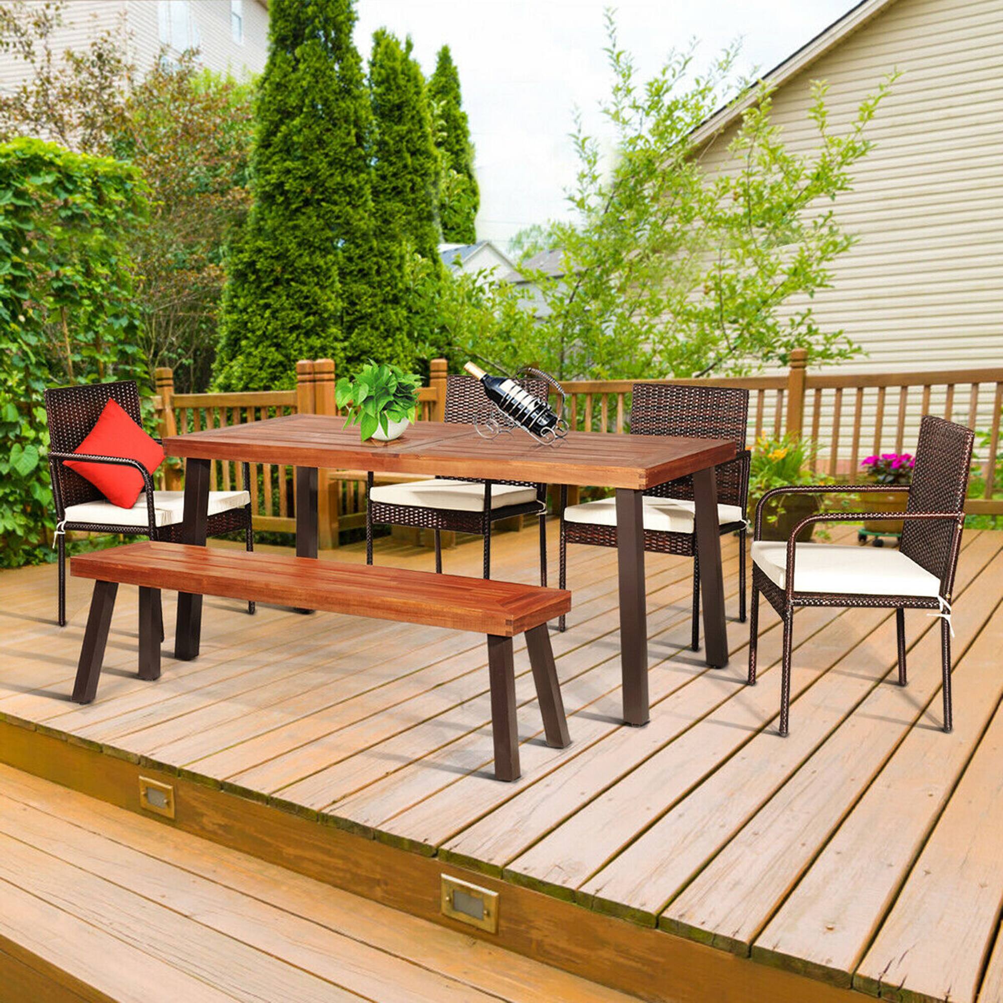 Alt View 2. Gymax - Gymax 6PCS Patio Rattan Dining Set Acacia Wood Tabletop Cushioned Chair - Brown.