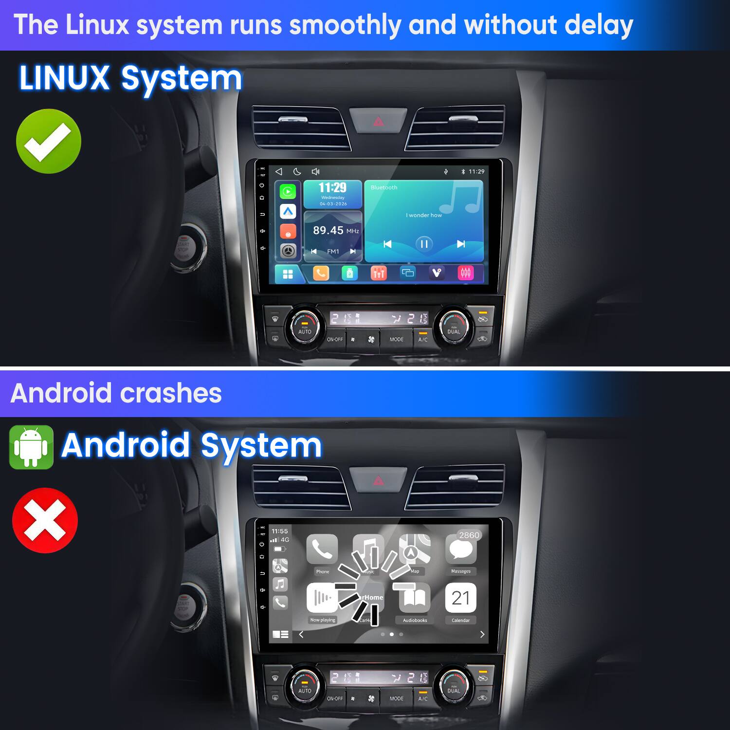 The Linux system runs smoothly and without delay  
LINUX System  
11:29 Wednesday 04-03-2026  
Bluetooth  
- 11:29  
I wonder how  
89.45 MH2 FM1  
II  
V  
181 !!!  
AUTO  
OFF  
2 MODE A/C  
DUAL  

Android crashes  
Android System X  
all 11:55 4G O  
2860  
n  
Prone  
48  
Messages  
Home  
21  
playing  
Audiobooks  
Calendar  
AUTO  
ON  
MODE  
A/C  
DIAL