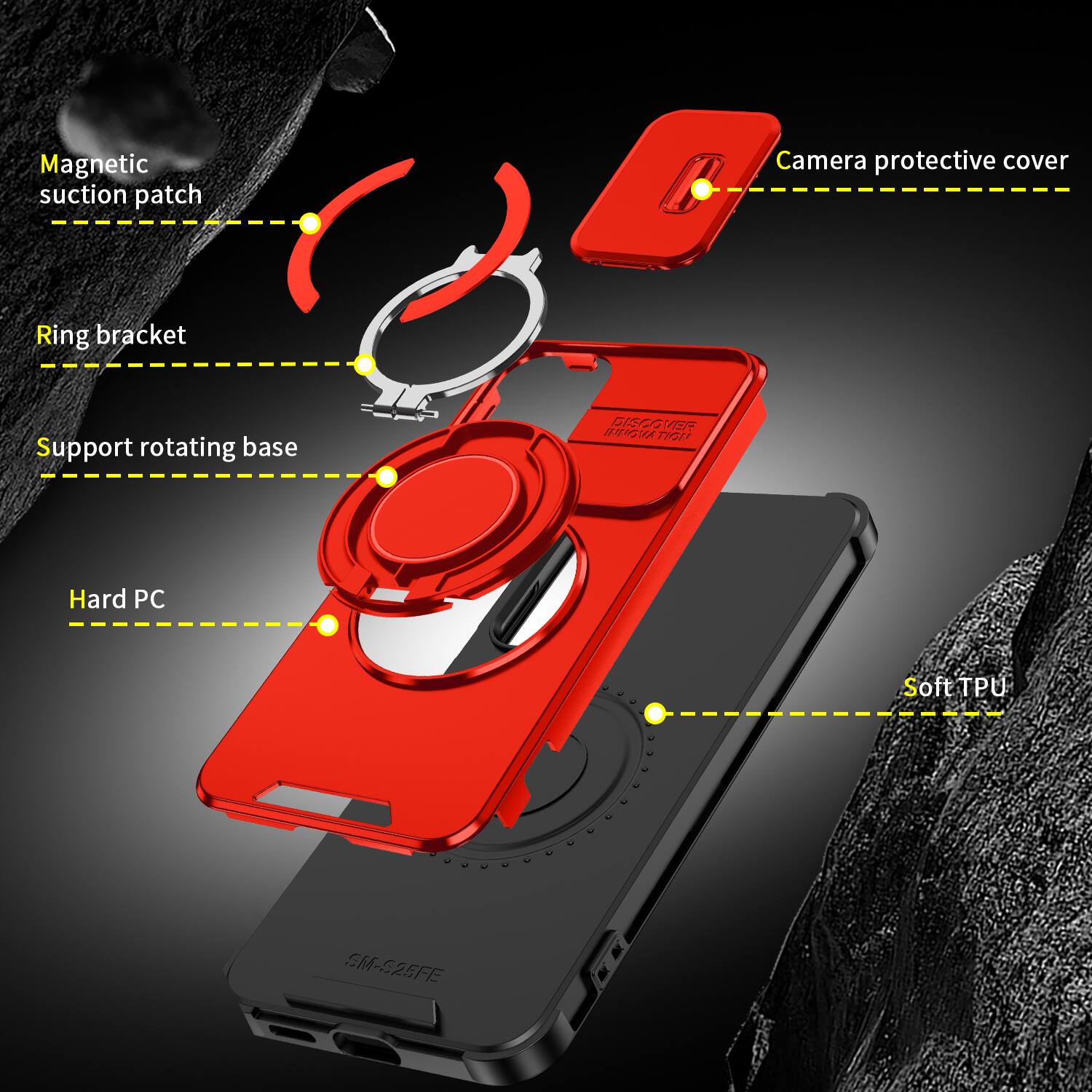 Magnetic suction patch  
Camera protective cover  
Ring bracket  
Support rotating base  
Hard PC  
Soft TPU  
SM-S25FE