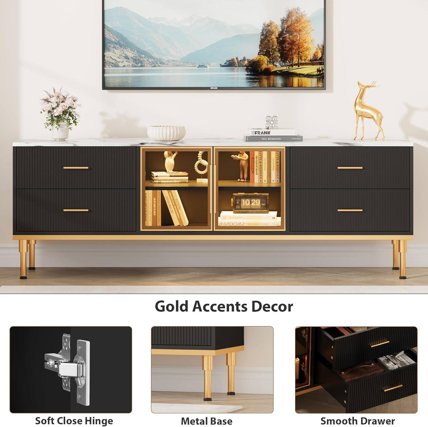 E FRANK - 1 XOO LITIR : | REAT AHI 10 0.29 SMOONIA Gold Accents Decor Soft Close Hinge Metal Base Smooth Drawer