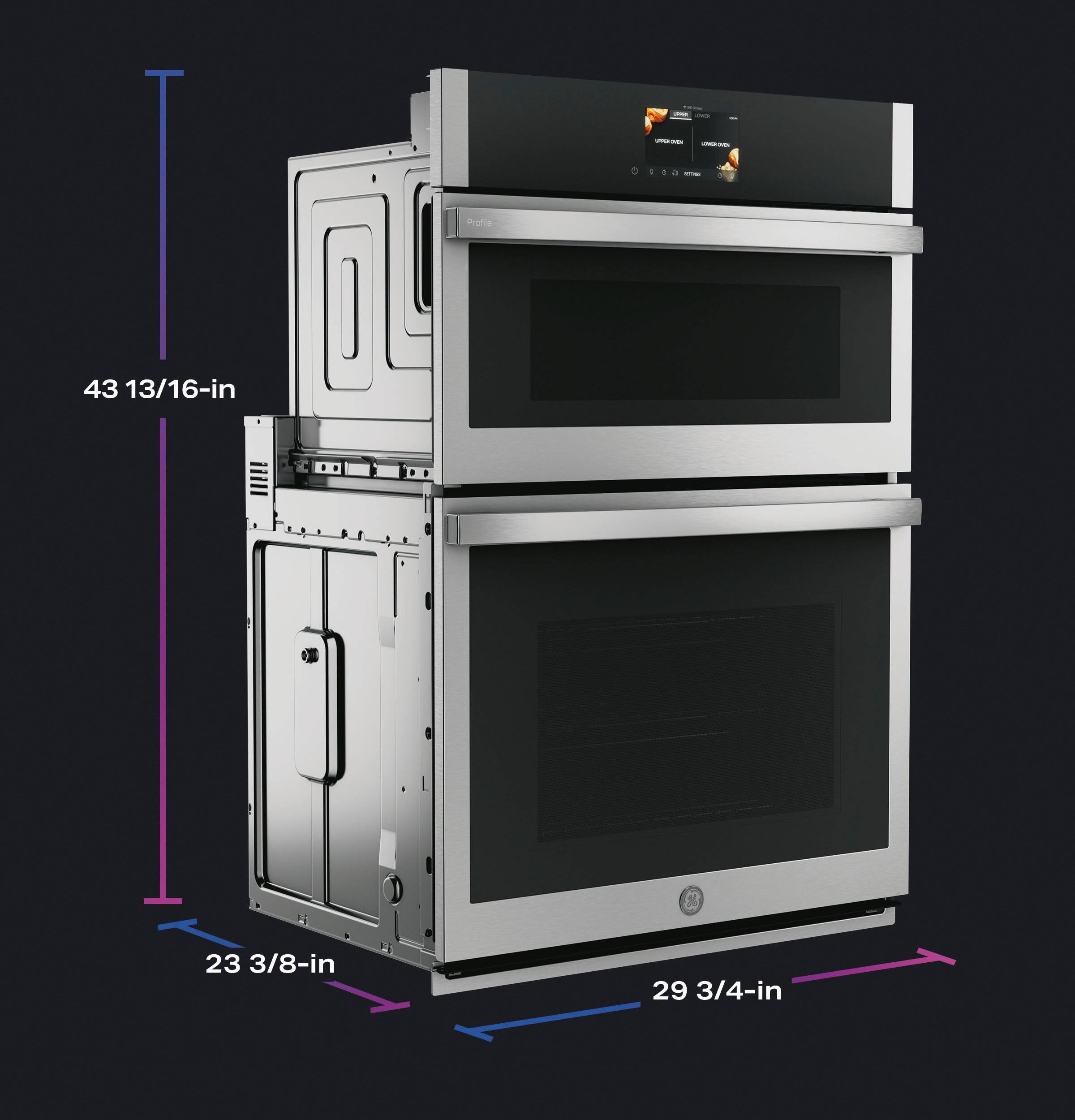 The image features a stainless steel oven with a black door. The oven has a 43 13/16-inch height and a 23 3/8-inch width. The door of the oven is 29 3/4-inches wide.