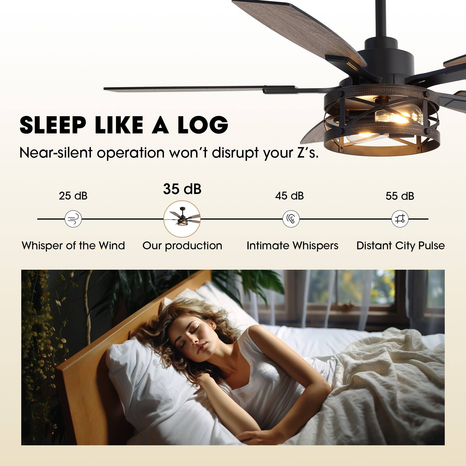 SLEEP LIKE A LOG  
Near-silent operation won't disrupt your Z's.  

25 dB  
Whisper of the Wind  

35 dB  
Our production  

45 dB  
Intimate Whispers  

55 dB  
Distant City Pulse