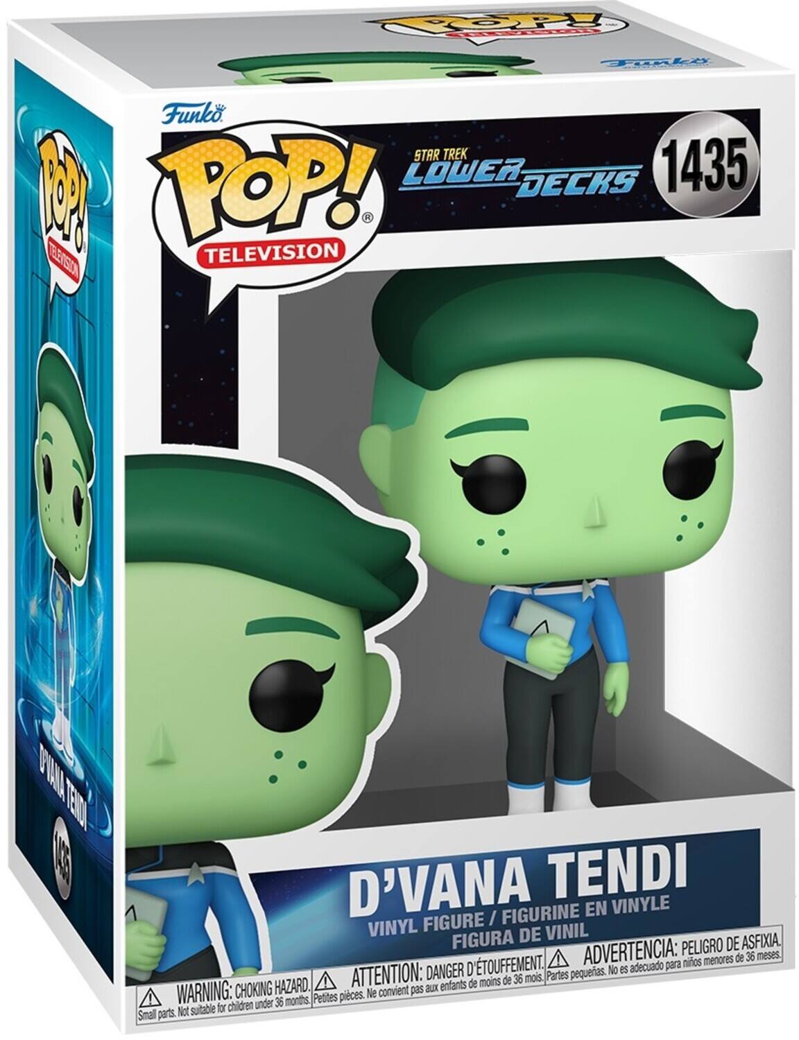 Sure, here is the corrected and grouped text from the image:

---

**Funko POP! TELEVISION**

**STAR TREK LOWER DECKS 1435**

**D'VANA TENDI**

**VINYL FIGURE / FIGURINE EN VINYLE / FIGURA DE VINIL**

**WARNING: CHOKING HAZARD. Small parts. Not suitable for children under 36 months.**

**ATTENTION: DANGER D'ÉTOUFFEMENT. Petites pièces. Ne convient pas aux enfants de moins de 36 mois.**

**ADVERTENCIA: PELIGRO DE ASFIXIA. Partes pequeñas. No es adecuado para niños menores de 36 meses.**

---

This text is grouped and corrected for clarity.