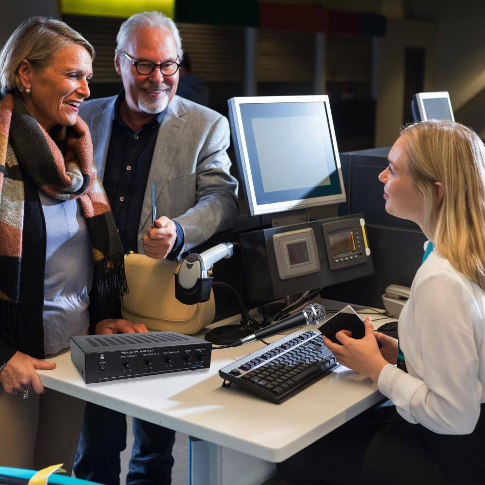 Alt View 2. Pyle - Compact Mini Home Power Amplifier - 100W Smart Indoor Audio Stereo Receiver w/ RCA, 3 Microphone IN, AUX, 25/70V Output.