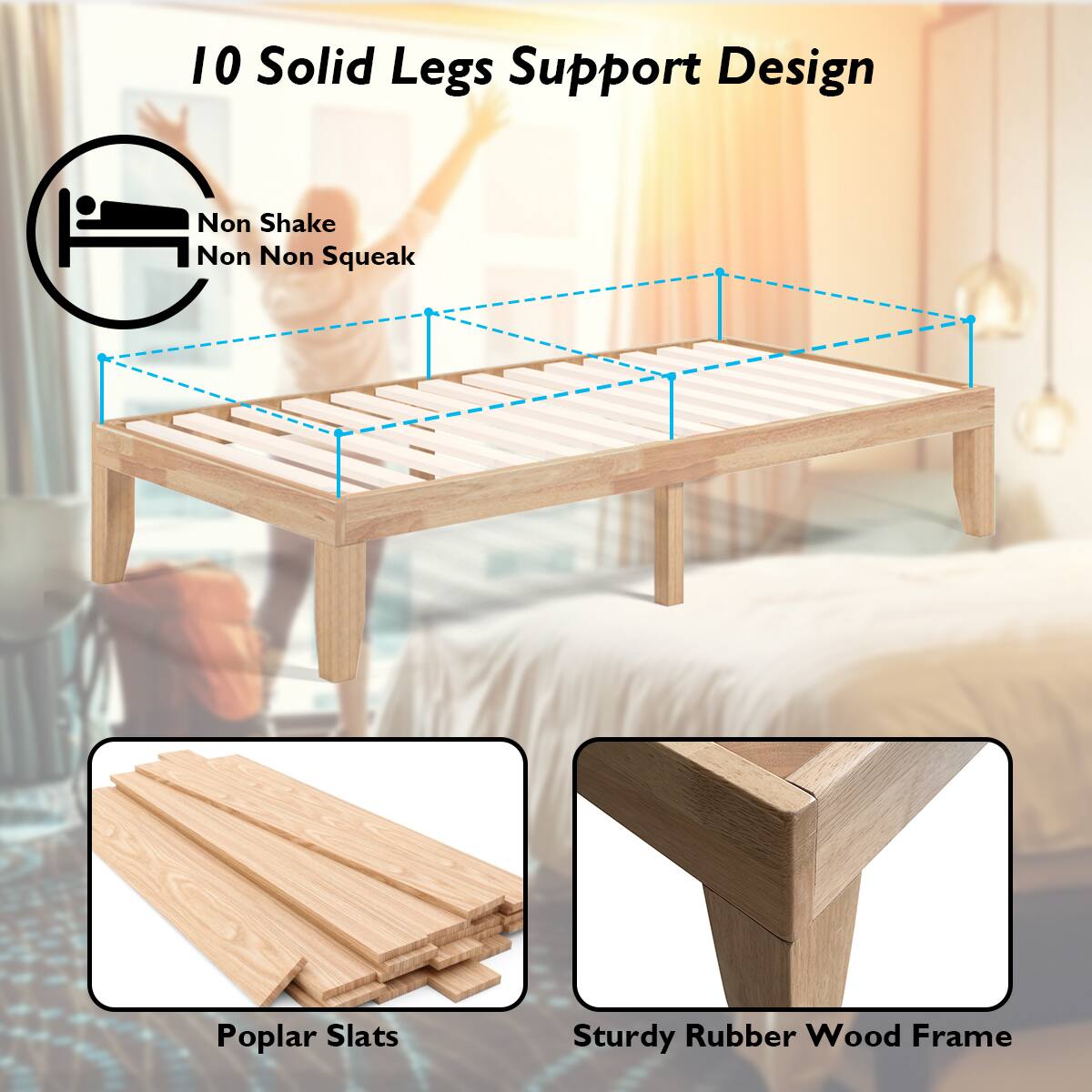 10 Solid Legs Support Design, Non Shake, Non Squeak, Poplar Slats, Sturdy Rubber Wood Frame