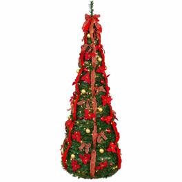 RYHNUYNE - 7FT Pre-Lit Pop Up Christmas Tree With 200 Pre-Strung Lights and Gold Red Balls, Satin Bows and Quick Setup - Green