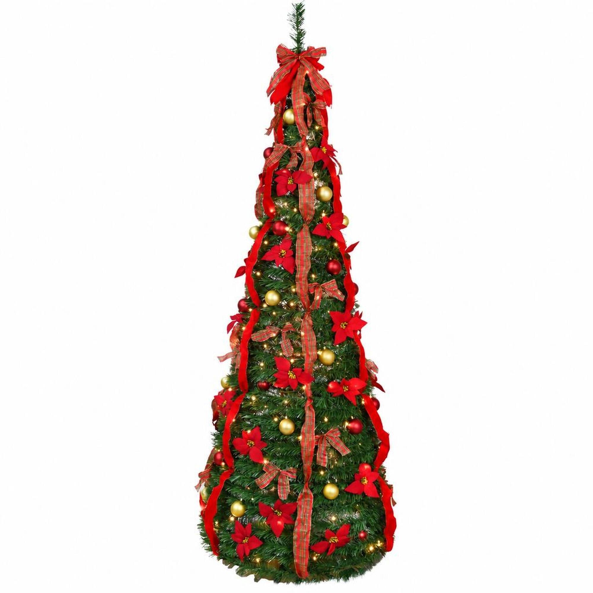 Front. RYHNUYNE - 7FT Pre-Lit Pop Up Christmas Tree With 200 Pre-Strung Lights and Gold Red Balls, Satin Bows and Quick Setup - Green.