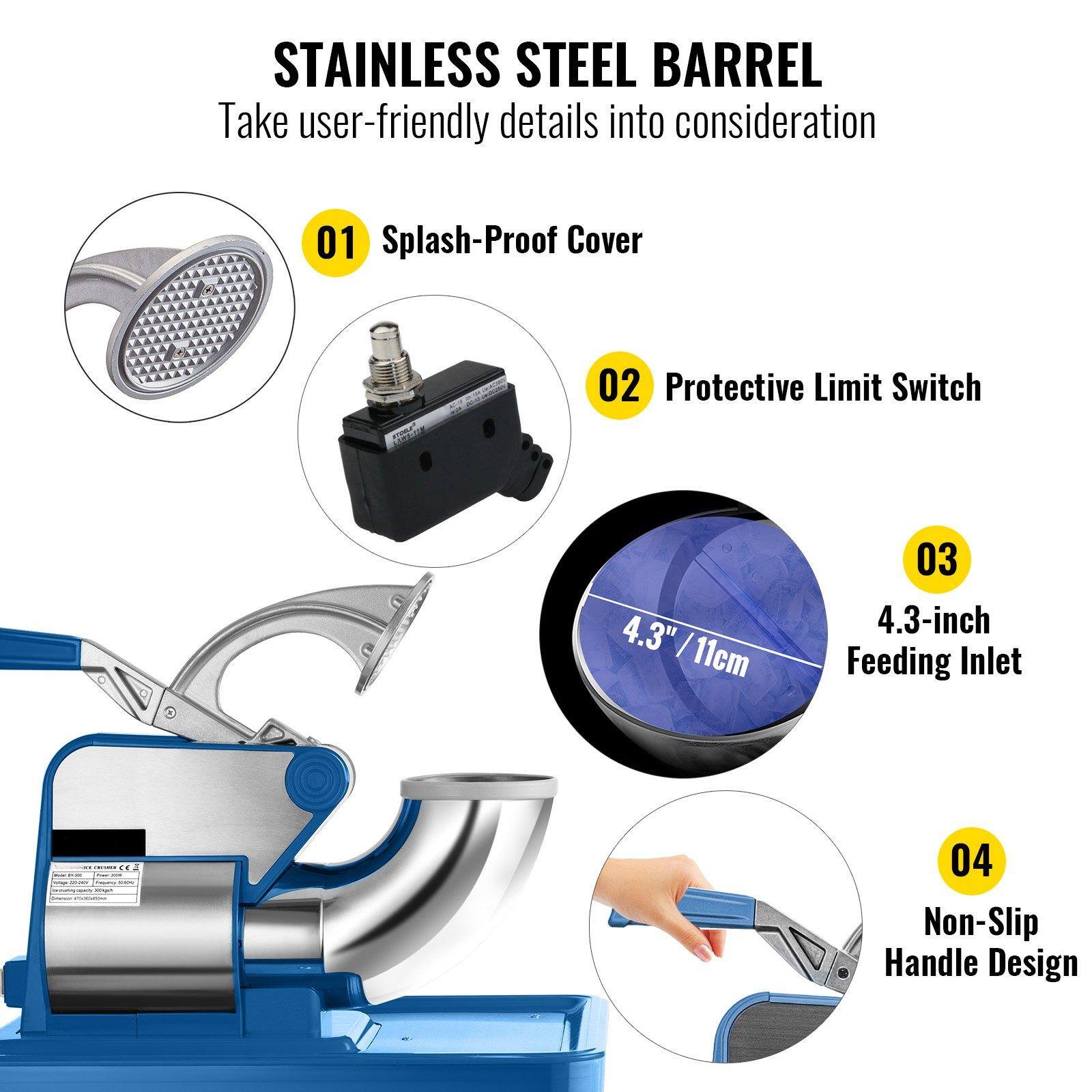 STAINLESS STEEL BARREL  
Take user-friendly details into consideration  

01 Splash-Proof Cover  
02 Protective Limit Switch  
03 4.3-inch Feeding Inlet  
04 Non-Slip Handle Design