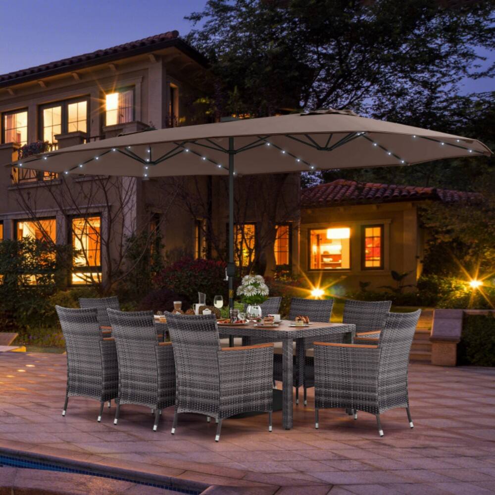 Left. Mondawe - 11 Pieces Patio Dining Set with 15 Feet Double-Sided Patio Umbrella Base Included - Tan.