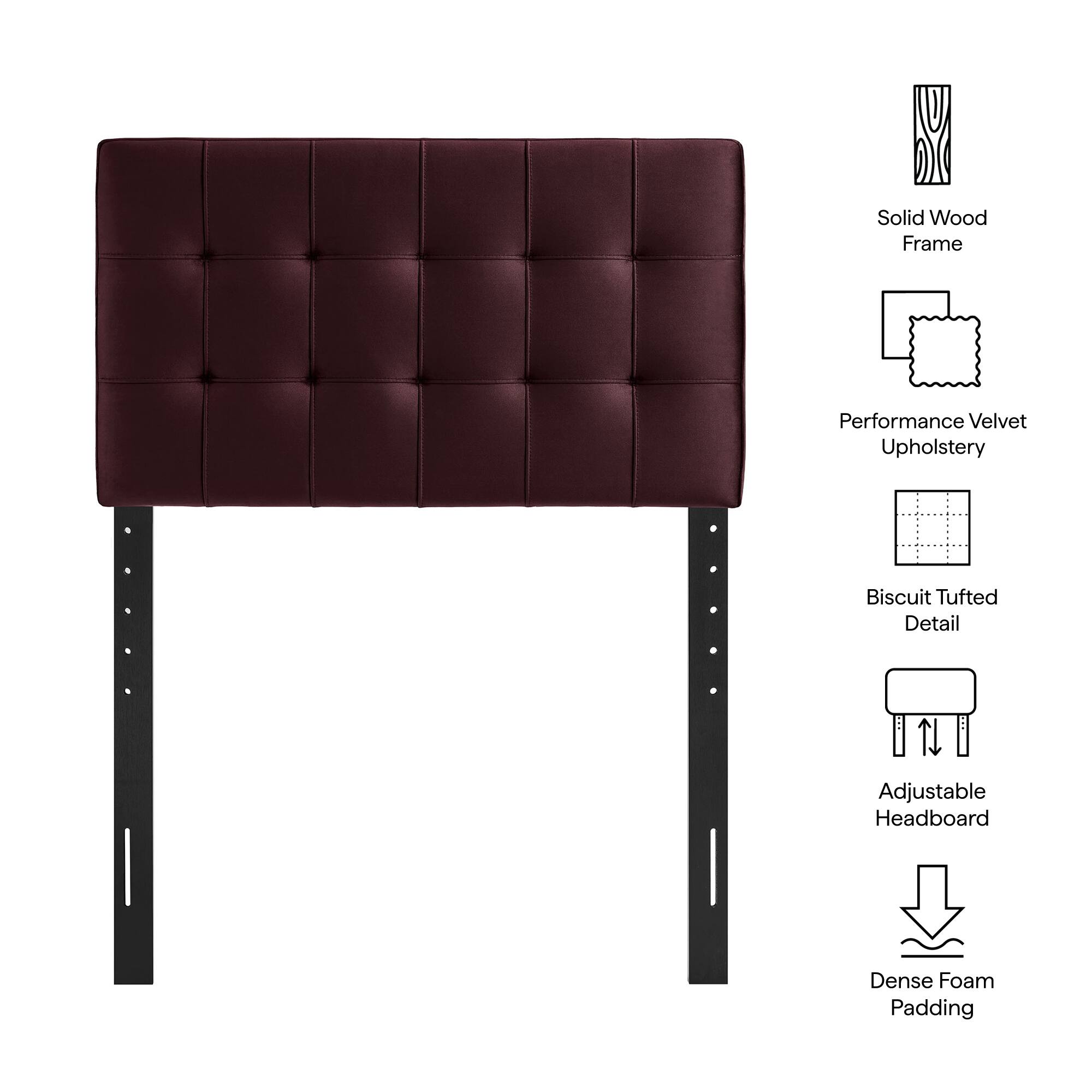 Solid Wood Frame  
Performance Velvet Upholstery  
Biscuit Tufted Detail  
Adjustable Headboard  
Dense Foam Padding