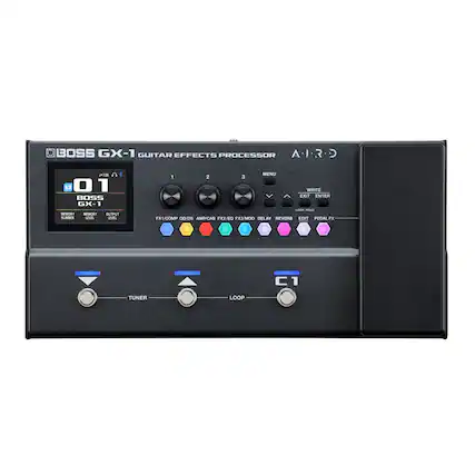 BOSS GX-1 GUITAR EFFECTS PROCESSOR
01
BOSS GX-1
MEMORY NUMBER
MEMORY LEVEL
OUTPUT LEVEL
1 2 3
FX1/COMP OD/DS AMP/CAB FX2/EQ
FX3/MOD DELAY REVERB
EDIT PEDAL FX
MENU
WRITE
EXIT ENTER
LOCK/HOLD
TUNER LOOP
C1