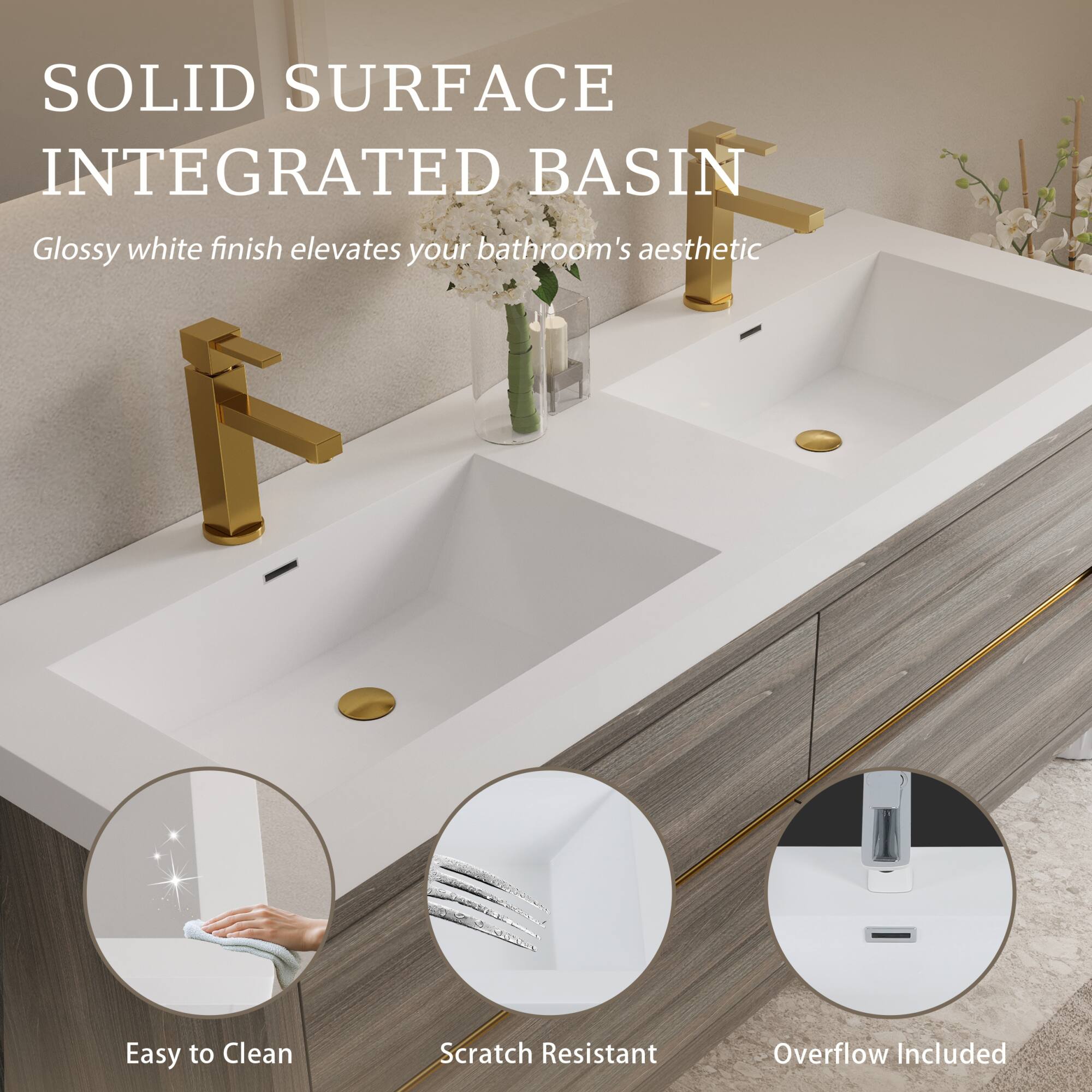 SOLID SURFACE INTEGRATED BASIN

Glossy white finish elevates your bathroom's aesthetic

- Easy to Clean
- Scratch Resistant
- Overflow Included