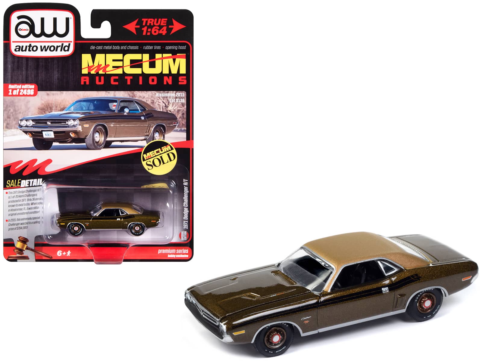 "Autoworld - 1971 Dodge Challenger R/T Dark Gold Metallic with Gold Vinyl Roof ""Mecum Auctions"" 1/64 Diecast Model Car by Auto World" price history on PriceWatchPro