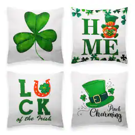 G128 - St Patrick's Day Gnome and Shamrock Waterproof Throw Pillow Set, 18 x 18 in, Set of 4 with Inserts - Assorted Colors