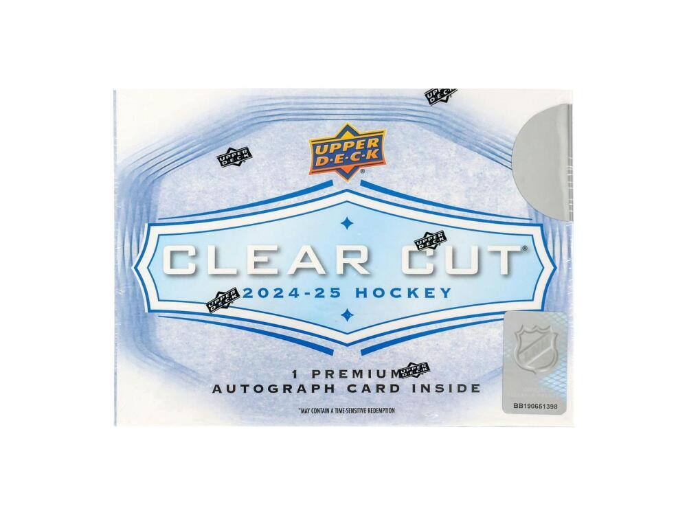 UPPER DECK  
CLEAR CUT 2024-25 HOCKEY  
1 PREMIUM AUTOGRAPH CARD INSIDE  
"MAY CONTAIN A TIME-SENSITIVE REDEMPTION"  
BB190651398