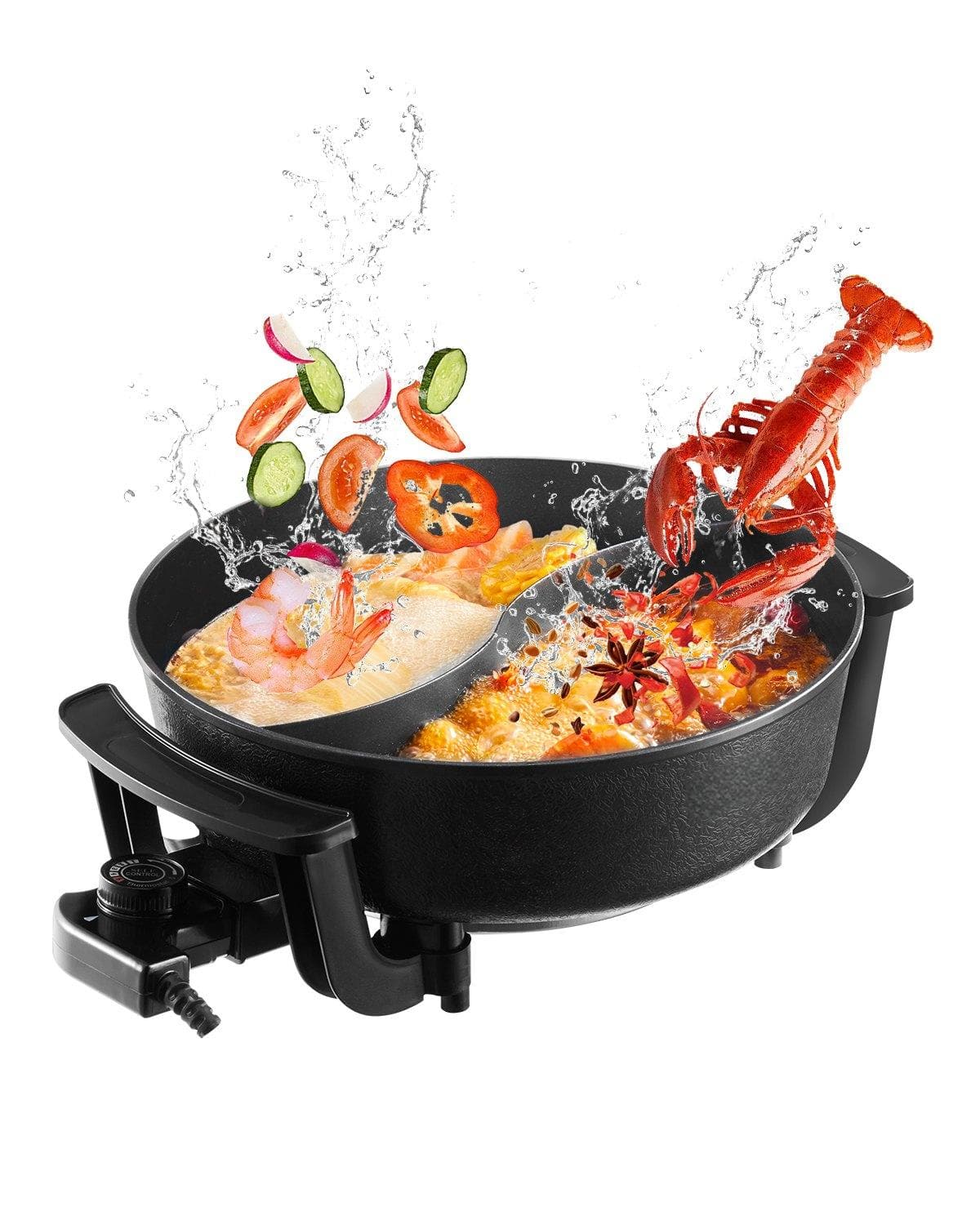 Glintex - Electric Hot Pot, 5L 1360W Double-Flavor Shabu Shabu Cooker with Divider, Nonstick Pot with Glass Lid for 6-10 People