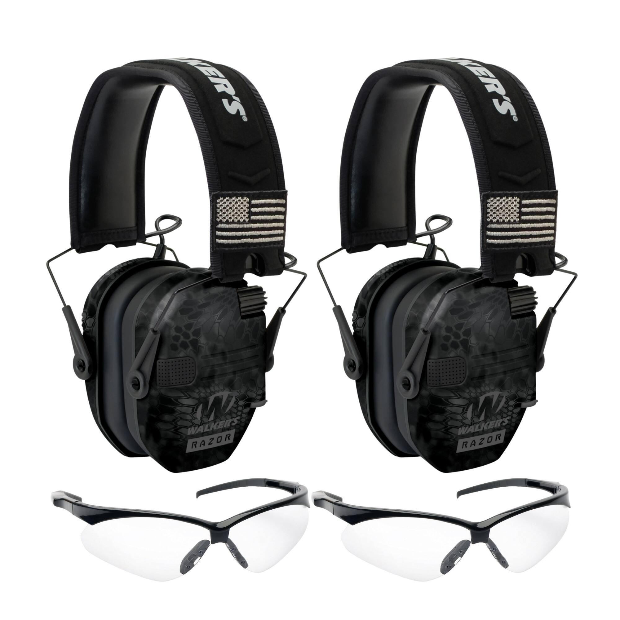 Walkers - Walker's Razor Slim Electronic Earmuff (Kryptek Camo) and Glasses (2-Pack) - Black