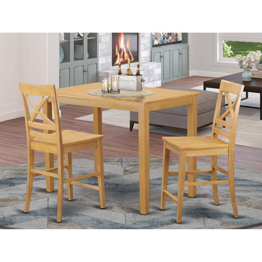 Back. East West Furniture - 3 Pc counter height Table and chair set - Small Kitchen Table and 2 bar stools with backs - Oak.