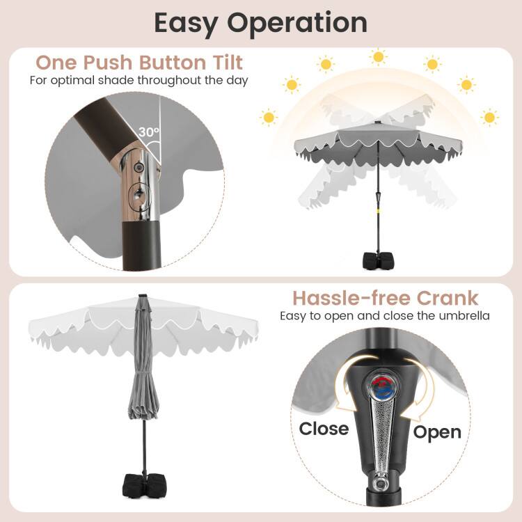 Easy Operation

One Push Button Tilt  
For optimal shade throughout the day

Hassle-free Crank  
Easy to open and close the umbrella

Close  
Open