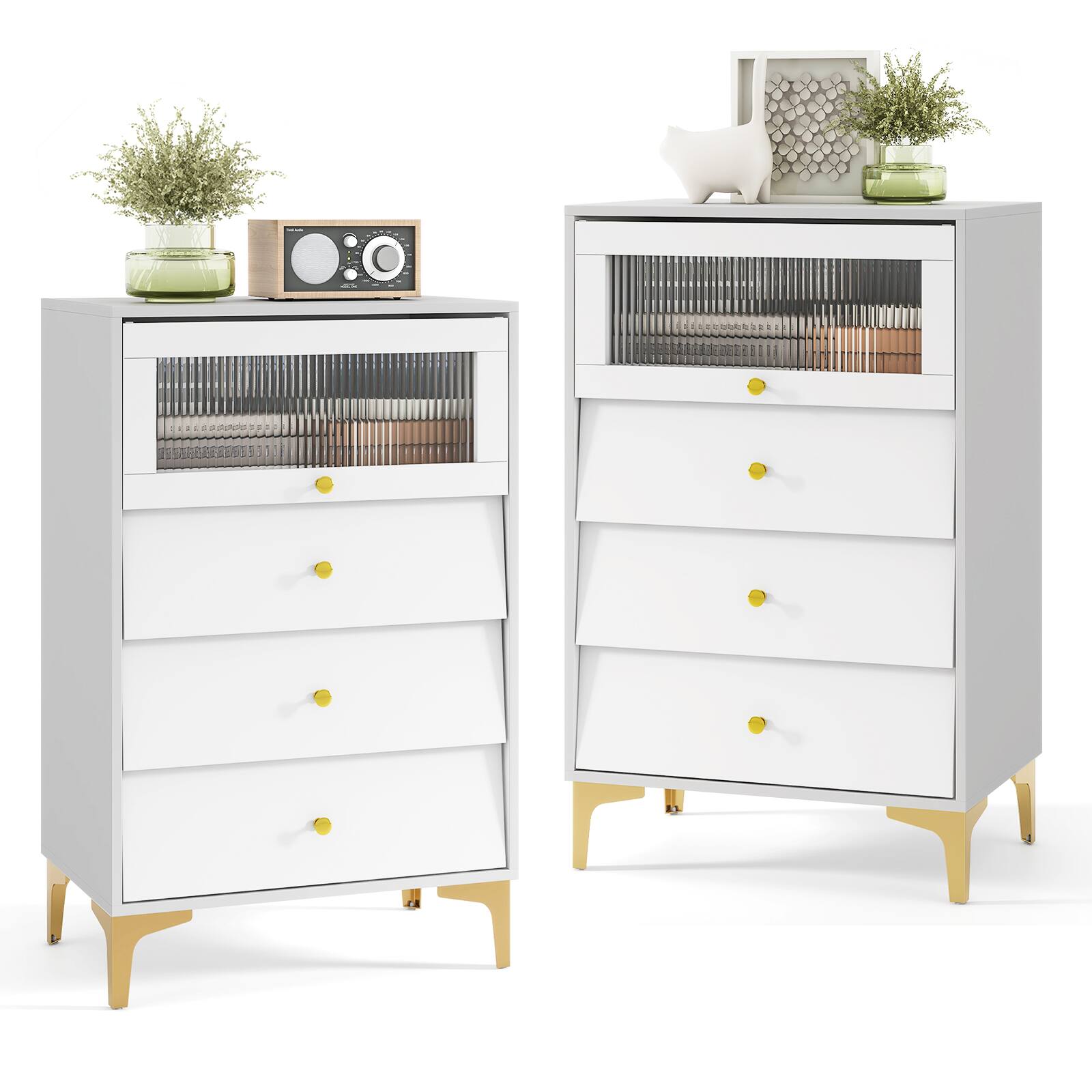 Gymax - 2PCS 3 Drawer Dresser 37.5'' Tall Dresser Chest of Drawers w/ Flip-up Fluted Glass Door - Grey, White