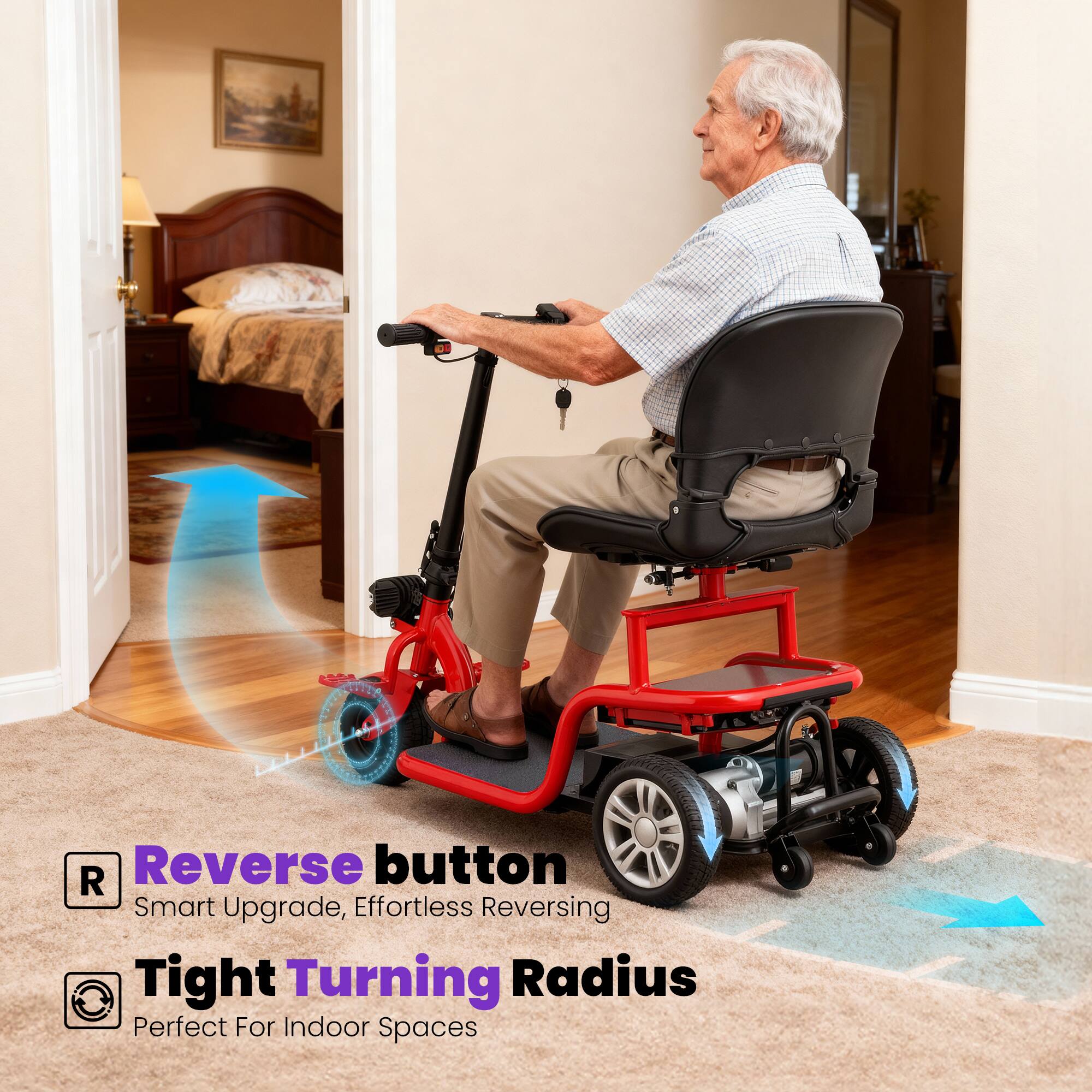 - Reverse button
  - Smart Upgrade, Effortless Reversing

- Tight Turning Radius
  - Perfect For Indoor Spaces