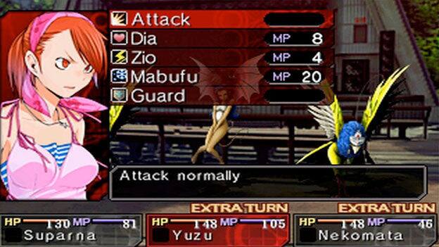 Sure, here is the corrected and grouped text from the image:

**Top Menu:**
- Attack
- Dia (MP 8)
- Zio (MP 4)
- Mabufu (MP 20)
- Guard

**Bottom Menu:**
- Attack normally

**Character Stats:**
- Suparna: HP 130, MP 81
- Yuzu: HP 48, MP 105
- Nekomata: HP 48, MP 46

**Extra Turn:**
- Yuzu: HP 148, MP 105
- Nekomata: HP 148, MP 46