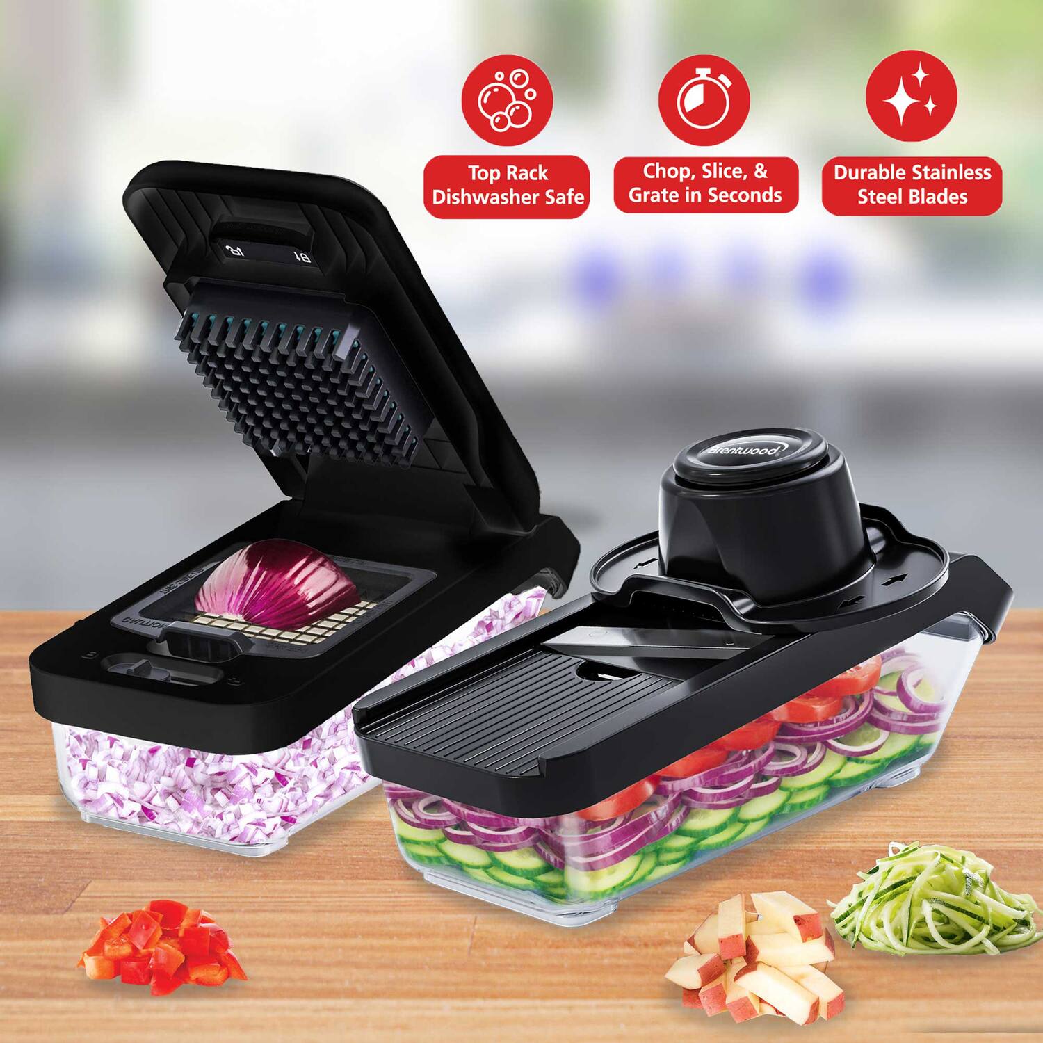 Top Rack Dishwasher Safe  
Chop, Slice, & Grate in Seconds  
Durable Stainless Steel Blades