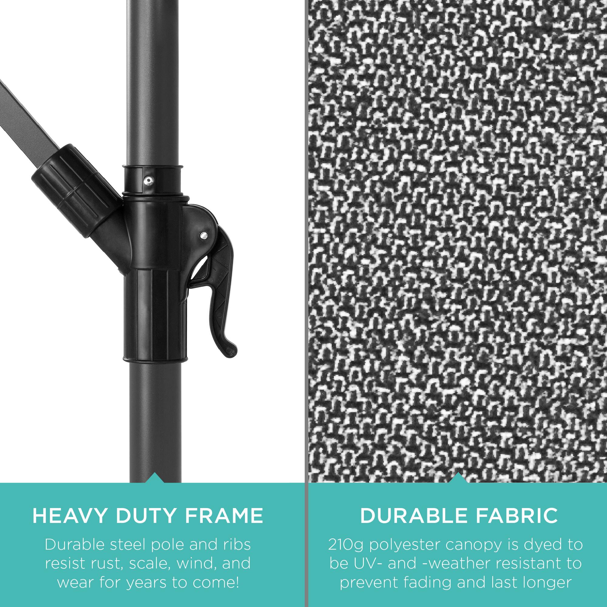 **HEAVY DUTY FRAME**  
Durable steel pole and ribs resist rust, scale, wind, and wear for years to come!

**DURABLE FABRIC**  
210g polyester canopy is dyed to be UV- and weather resistant to prevent fading and last longer