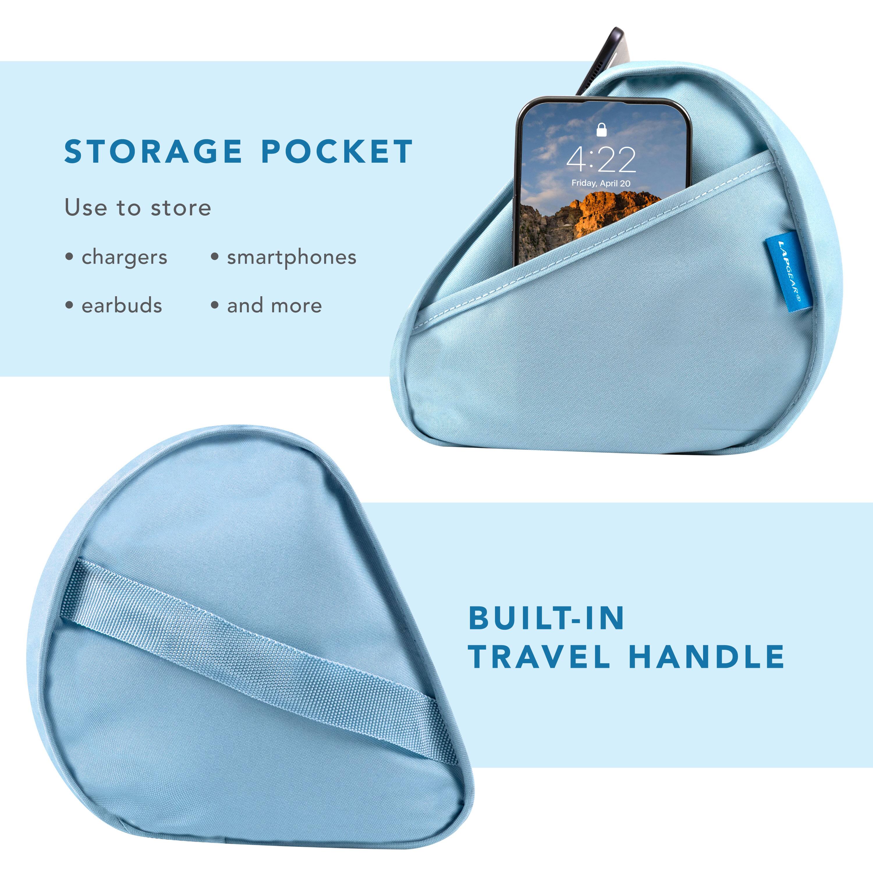 STORAGE POCKET  
Use to store  
- chargers  
- smartphones  
- earbuds  
- and more  

4:22  
Friday, April 20  

BUILT-IN TRAVEL HANDLE